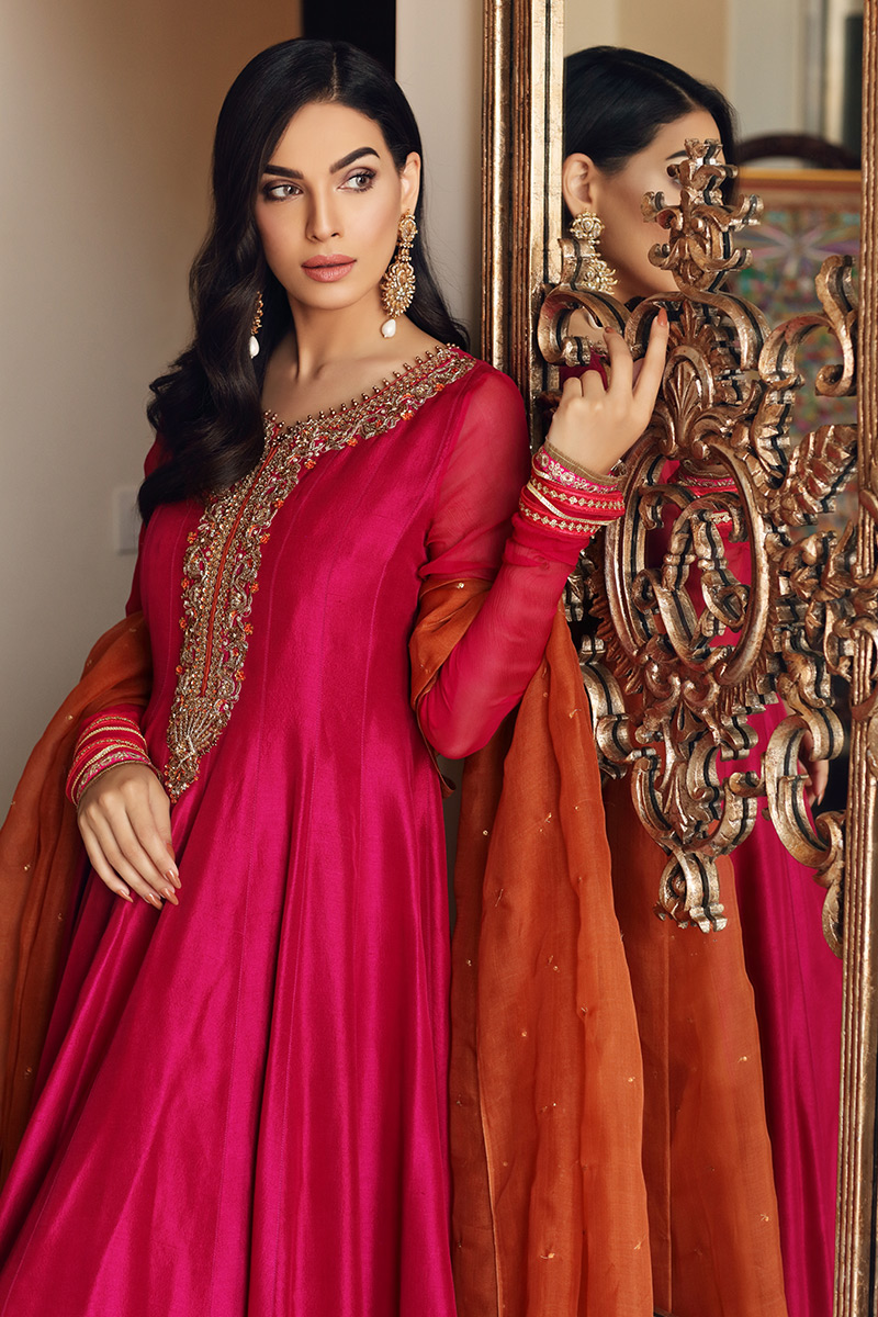 Pakistani Fuchsia Pink Embroidered Raw Silk Pishwas (3-Piece) - Image 3