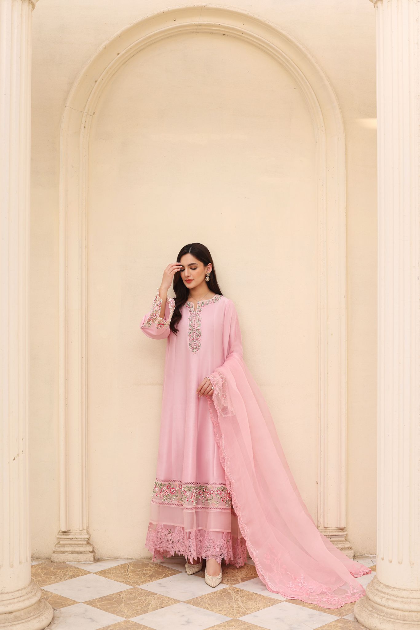 Blush Pink Embroidered Raw Silk Pishwas (3-Piece) - Image 2