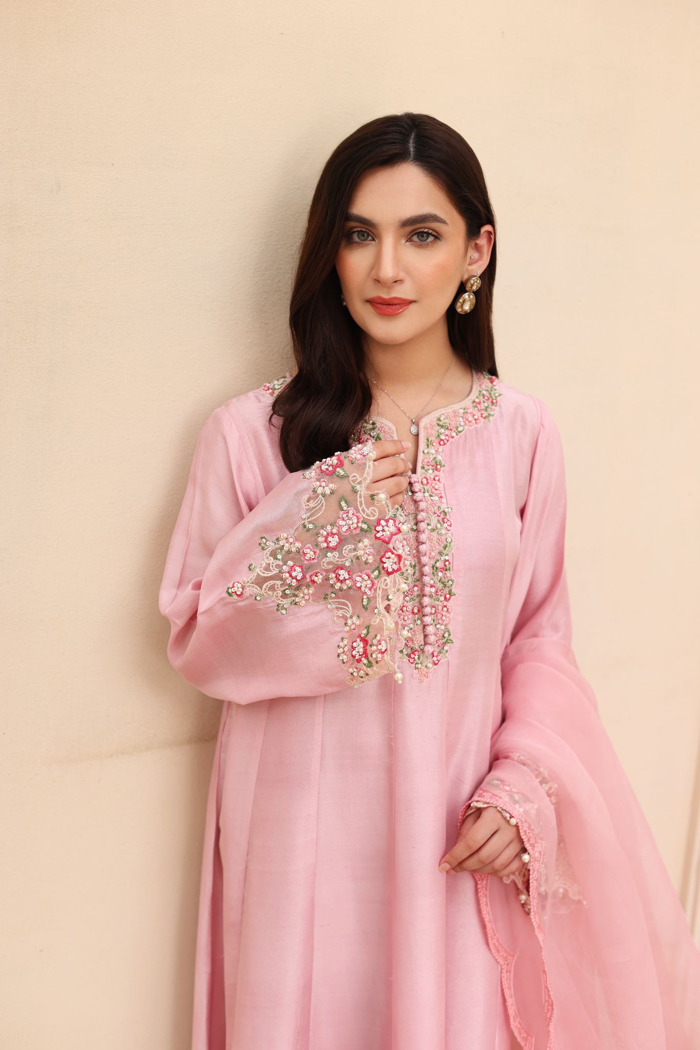 Blush Pink Embroidered Raw Silk Pishwas (3-Piece) - Image 3