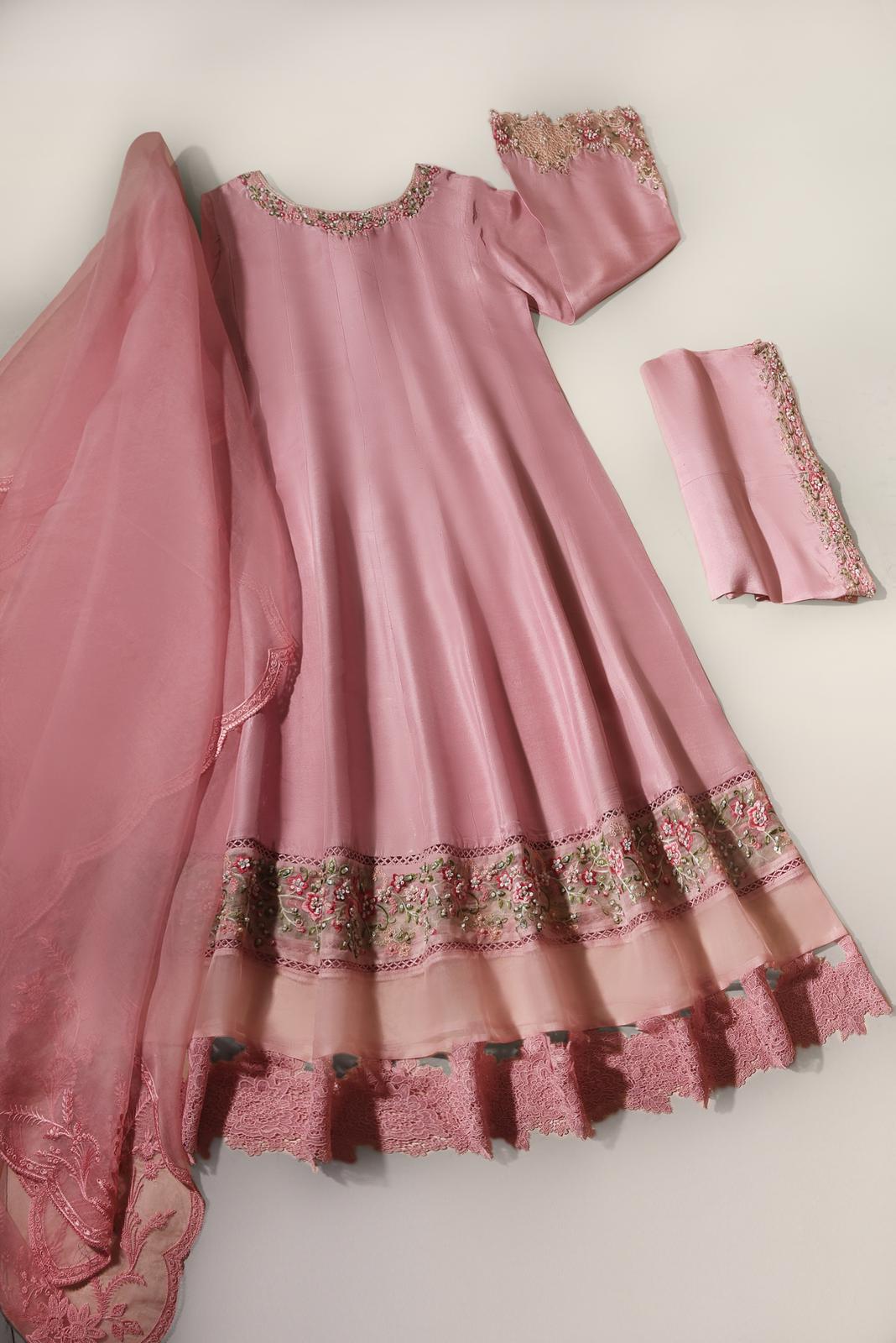 Blush Pink Embroidered Raw Silk Pishwas (3-Piece) - Image 4
