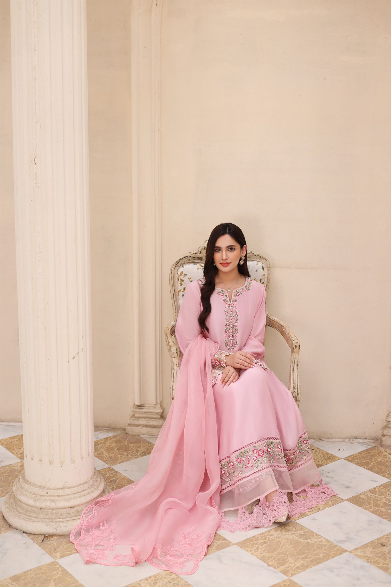 Blush Pink Embroidered Raw Silk Pishwas (3-Piece) - Image 5