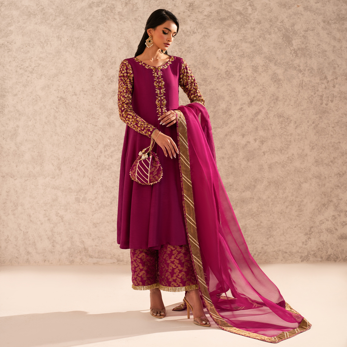 Pakistani Magenta Embroidered Korean Raw Silk Cropped Pishwas (4-Piece) - Image 1