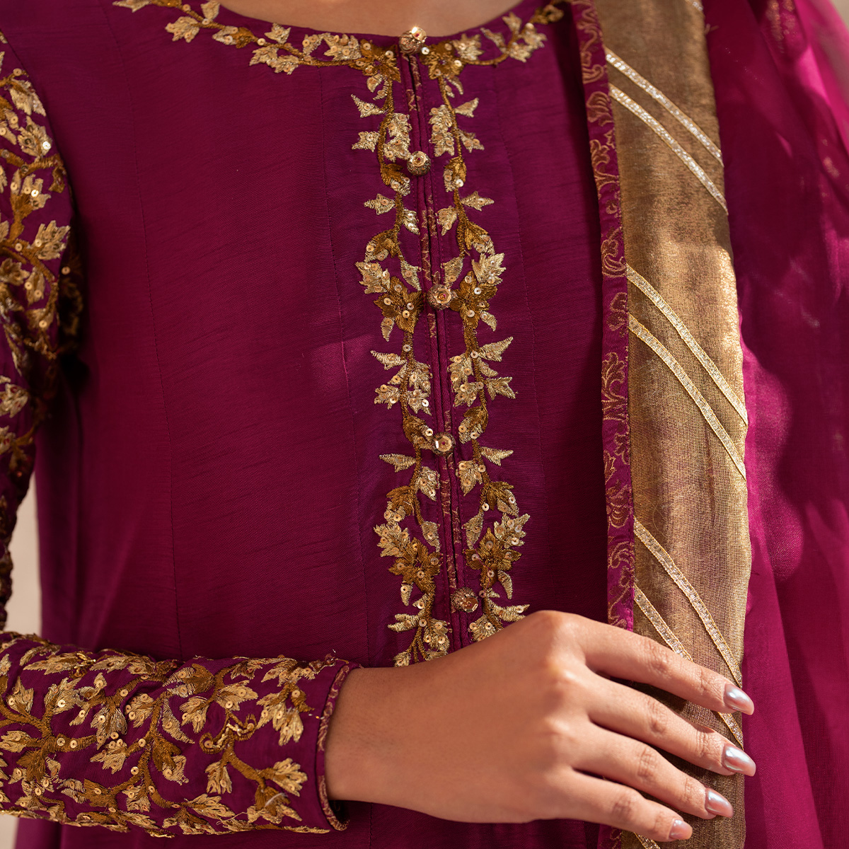 Pakistani Magenta Embroidered Korean Raw Silk Cropped Pishwas (4-Piece) - Image 3