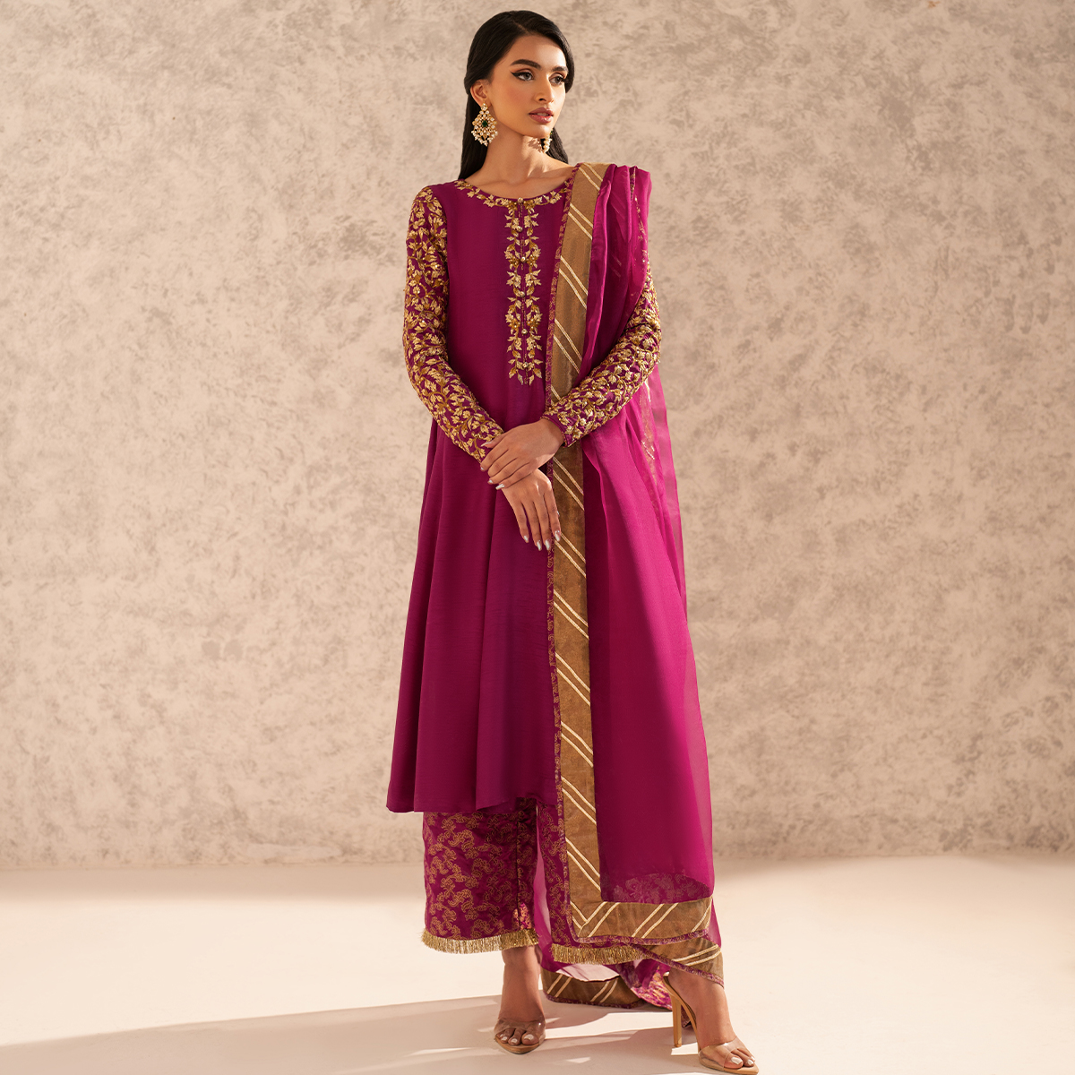 Pakistani Magenta Embroidered Korean Raw Silk Cropped Pishwas (4-Piece) - Image 5