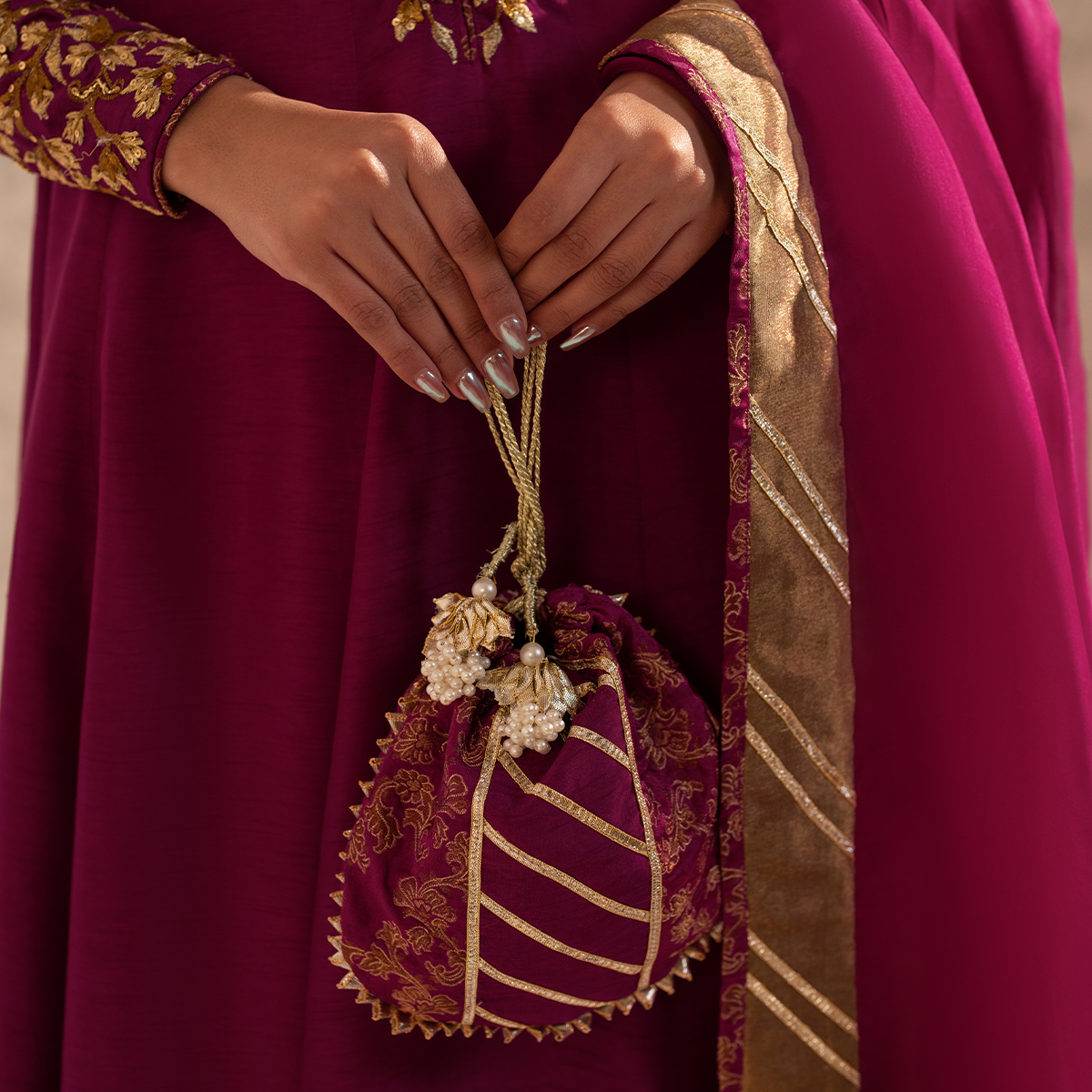 Pakistani Magenta Embroidered Korean Raw Silk Cropped Pishwas (4-Piece) - Image 8