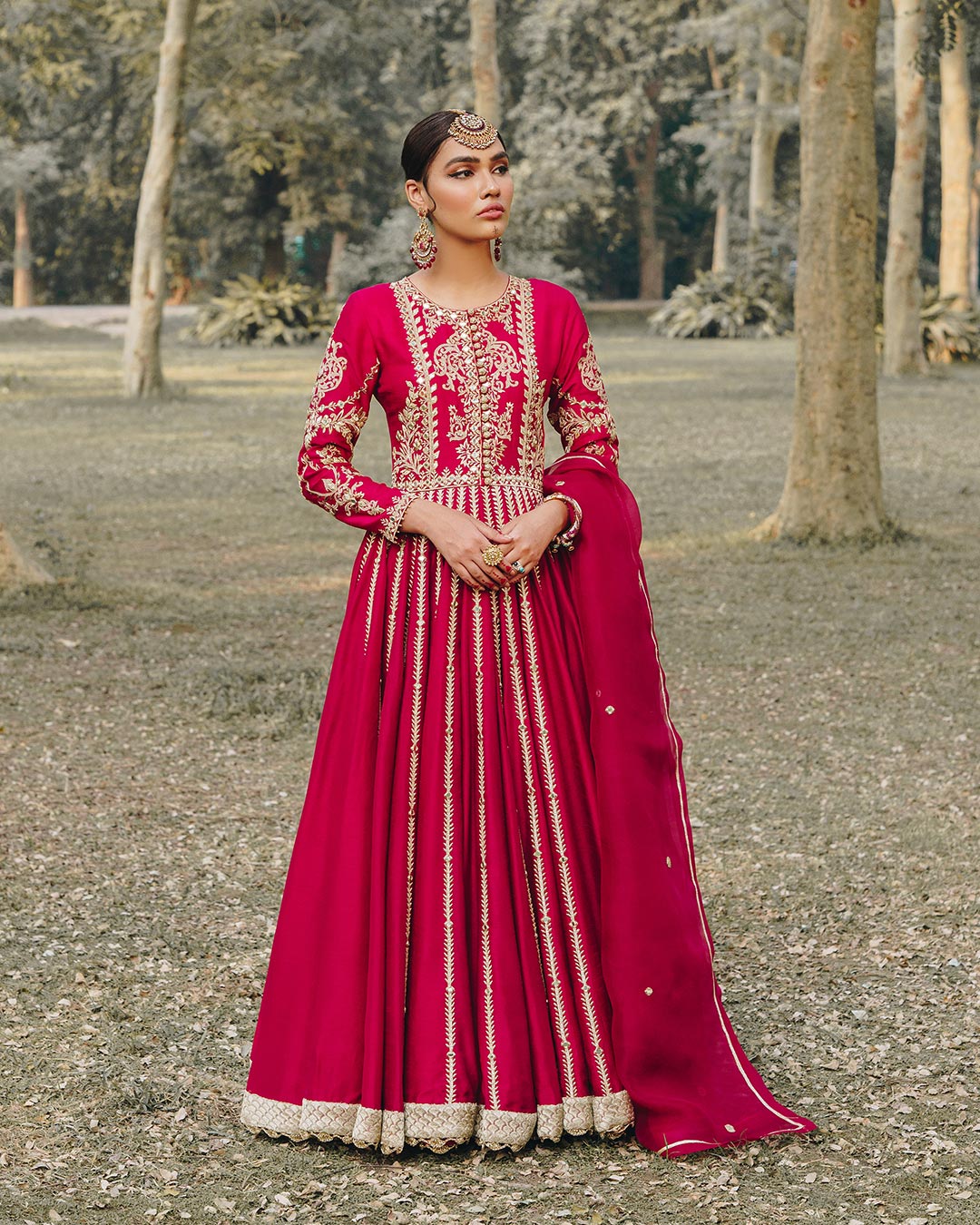 Pakistani Deep Pink Embroidered Korean Raw Silk Pishwas (3-Piece) - Image 1