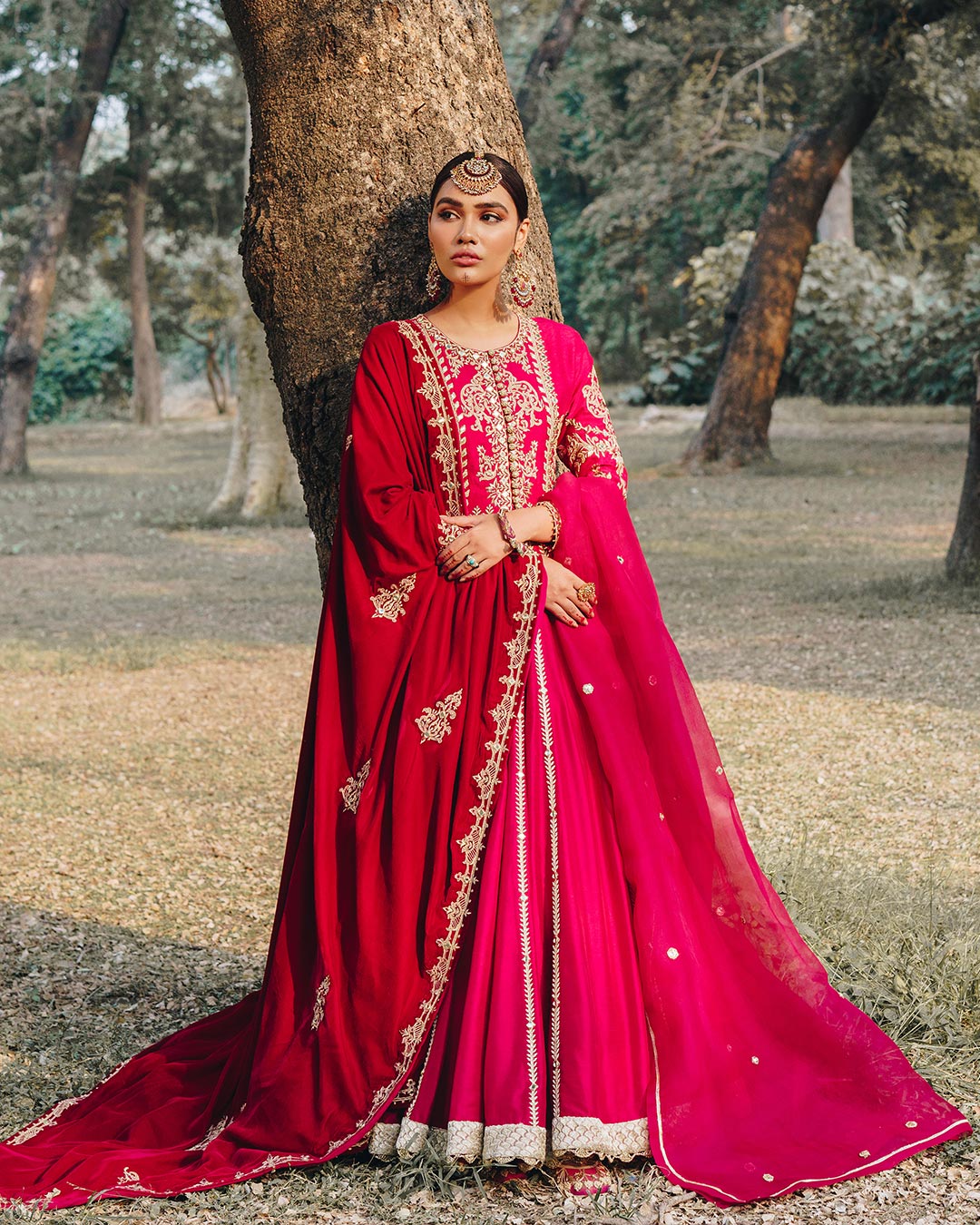 Pakistani Deep Pink Embroidered Korean Raw Silk Pishwas (3-Piece) - Image 2