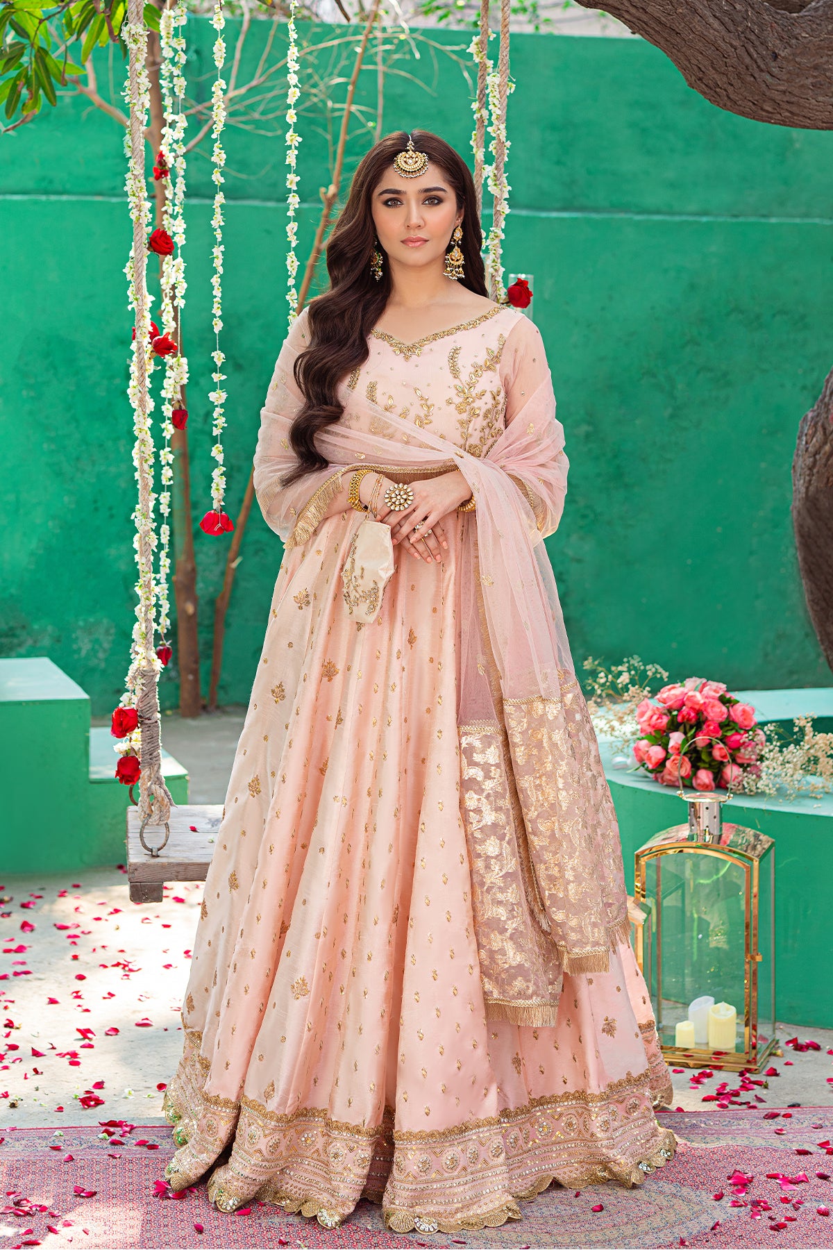 Pakistani Light Pink Embroidered Indian Raw Silk Pishwas (2-Piece) - Image 1