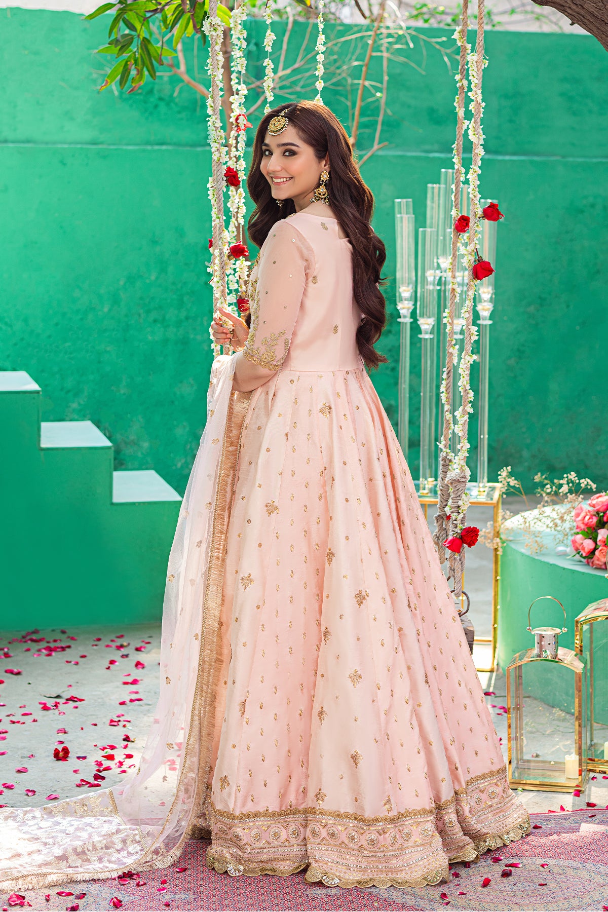 Pakistani Light Pink Embroidered Indian Raw Silk Pishwas (2-Piece) - Image 2