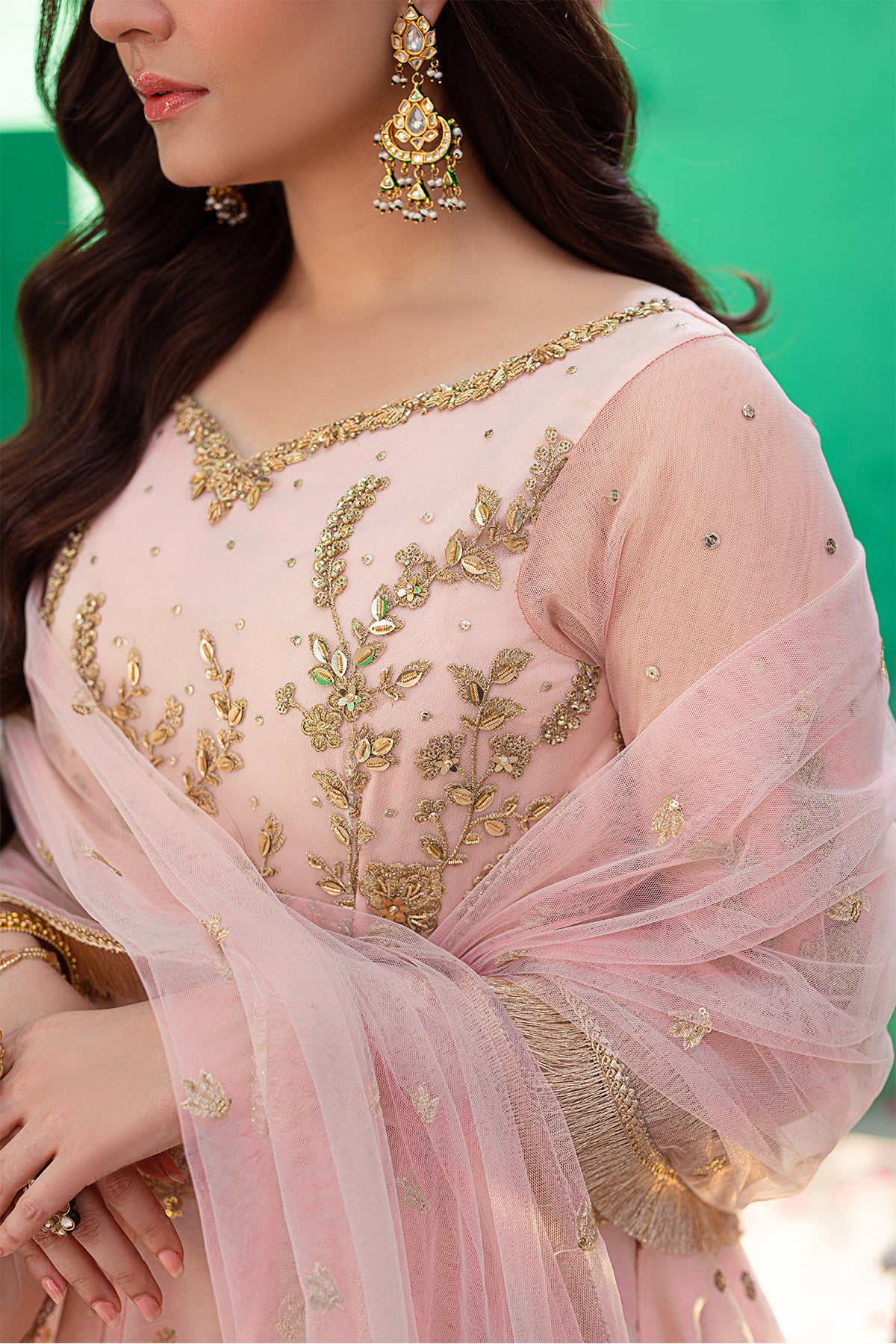 Pakistani Light Pink Embroidered Indian Raw Silk Pishwas (2-Piece) - Image 3