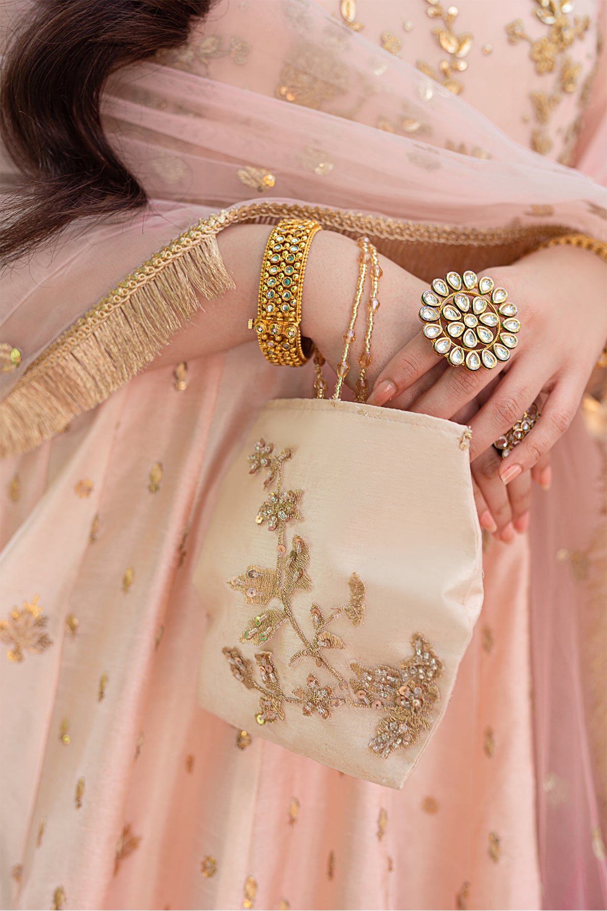 Pakistani Light Pink Embroidered Indian Raw Silk Pishwas (2-Piece) - Image 4