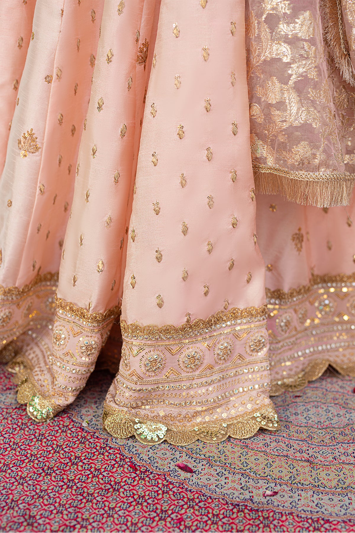 Pakistani Light Pink Embroidered Indian Raw Silk Pishwas (2-Piece) - Image 5