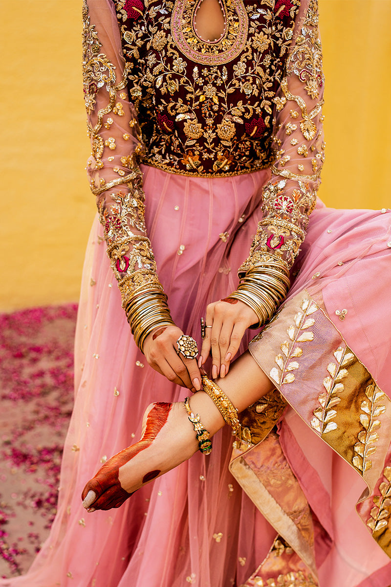 Pakistani Blush Pink Hand-Embroidered Net & Silk Pishwas (2-Piece) - Image 3