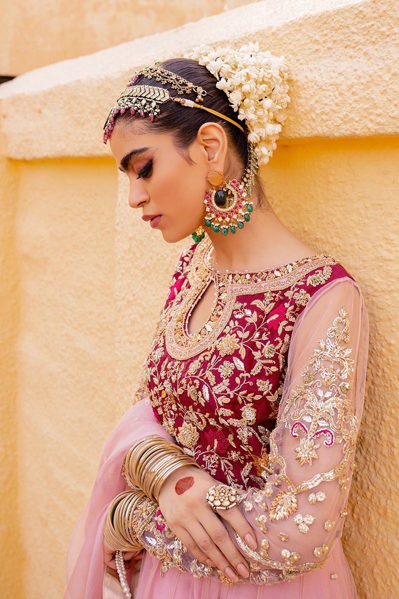 Pakistani Blush Pink Hand-Embroidered Net & Silk Pishwas (2-Piece) - Image 4