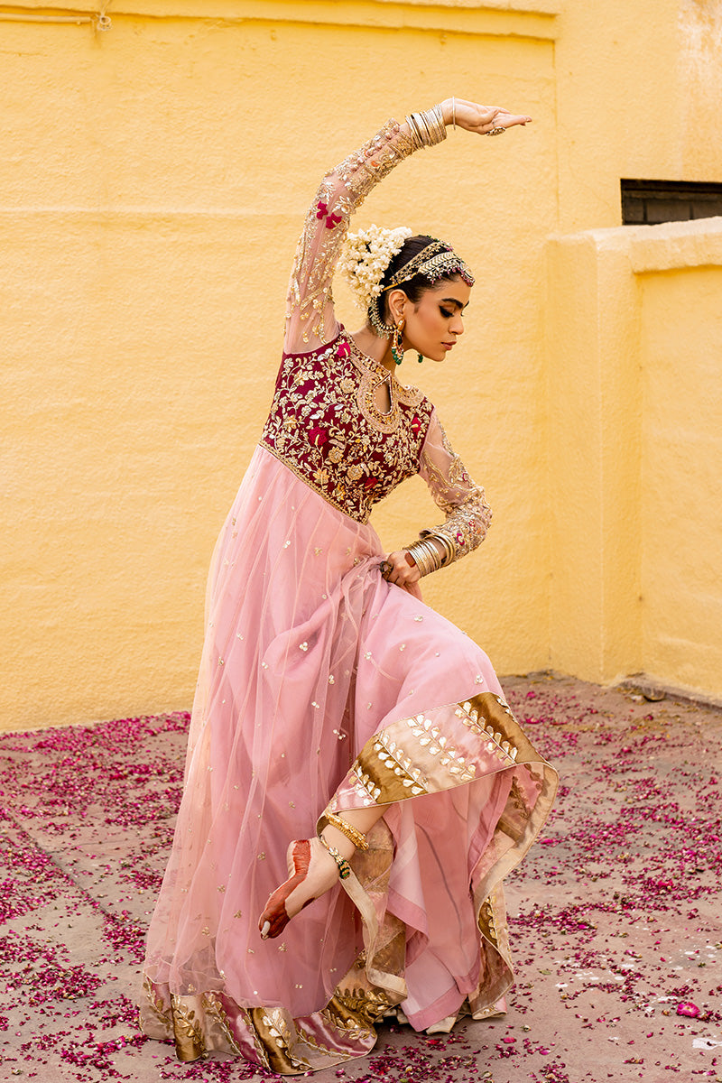 Pakistani Blush Pink Hand-Embroidered Net & Silk Pishwas (2-Piece) - Image 5