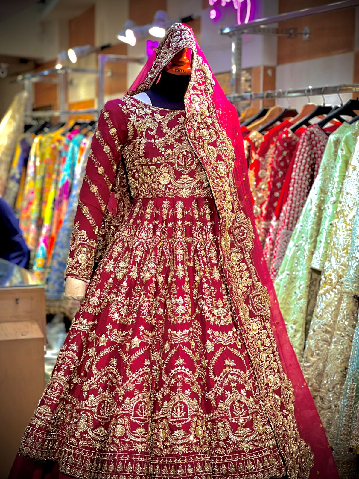 Pakistani Magenta Embellished Raw Silk Pishwas Dress (3-Piece) - Image 2