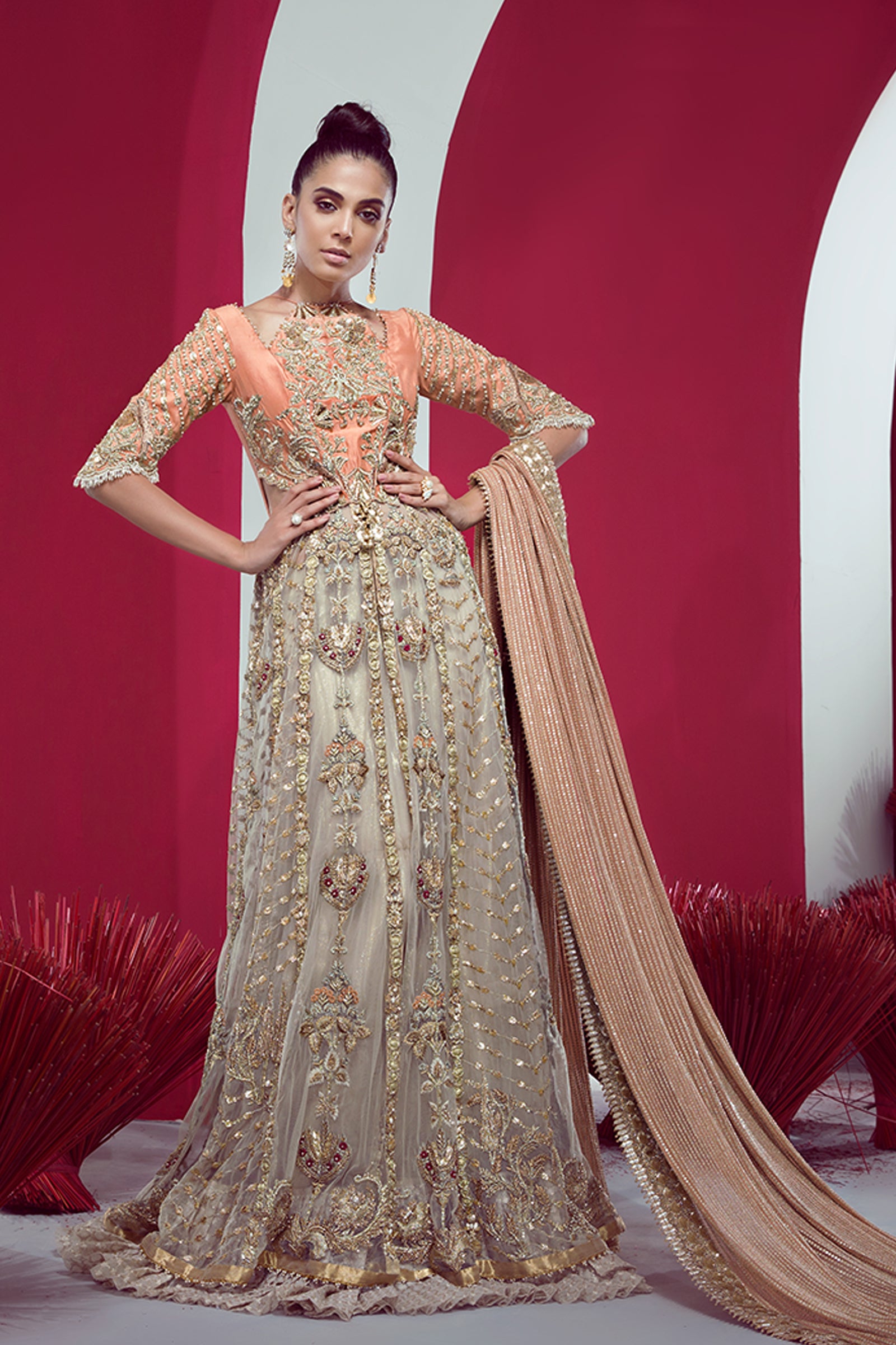 Peach Embroidered Raw Silk Pishwas Dress (2-Piece) - Image 1