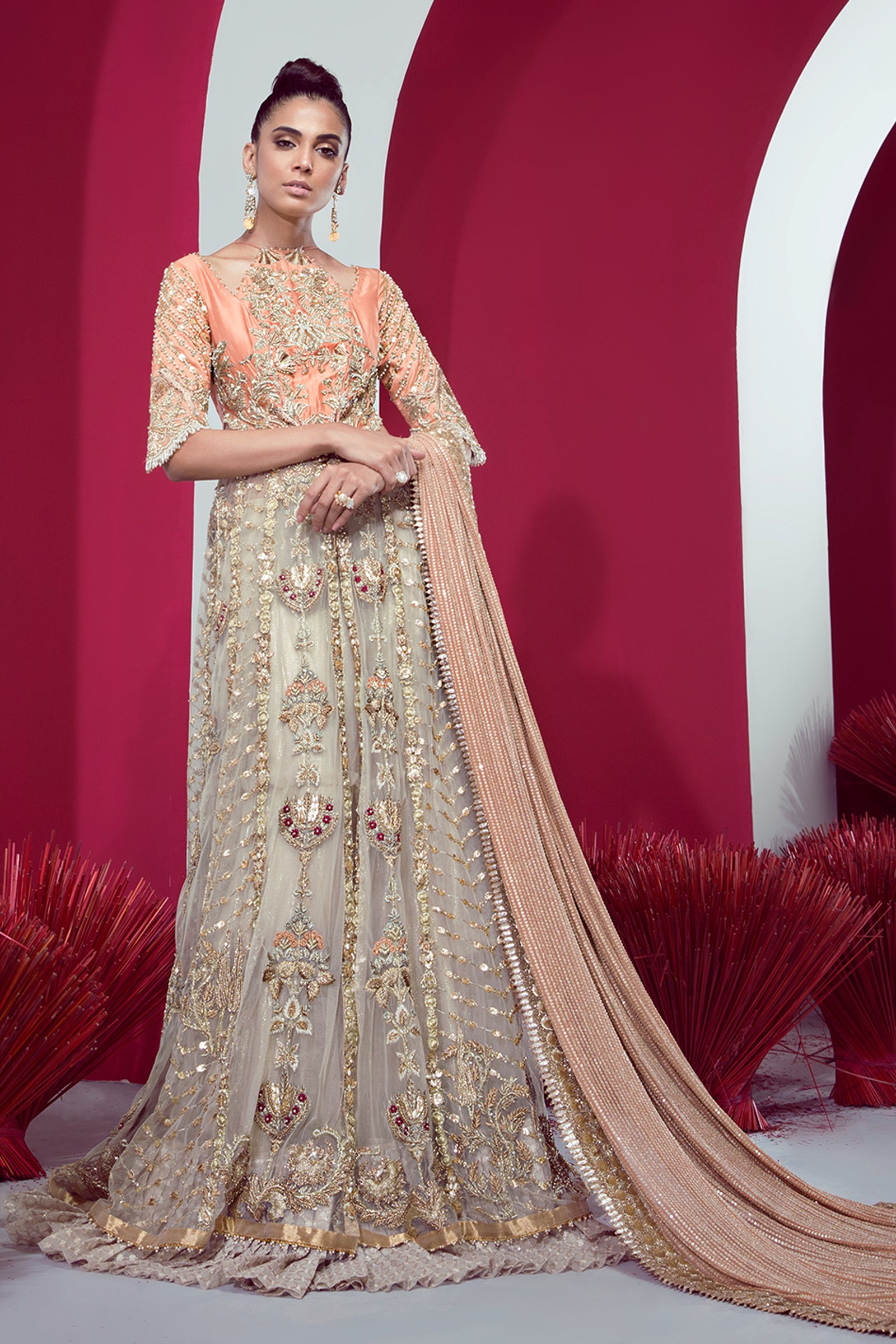 Peach Embroidered Raw Silk Pishwas Dress (2-Piece) - Image 2