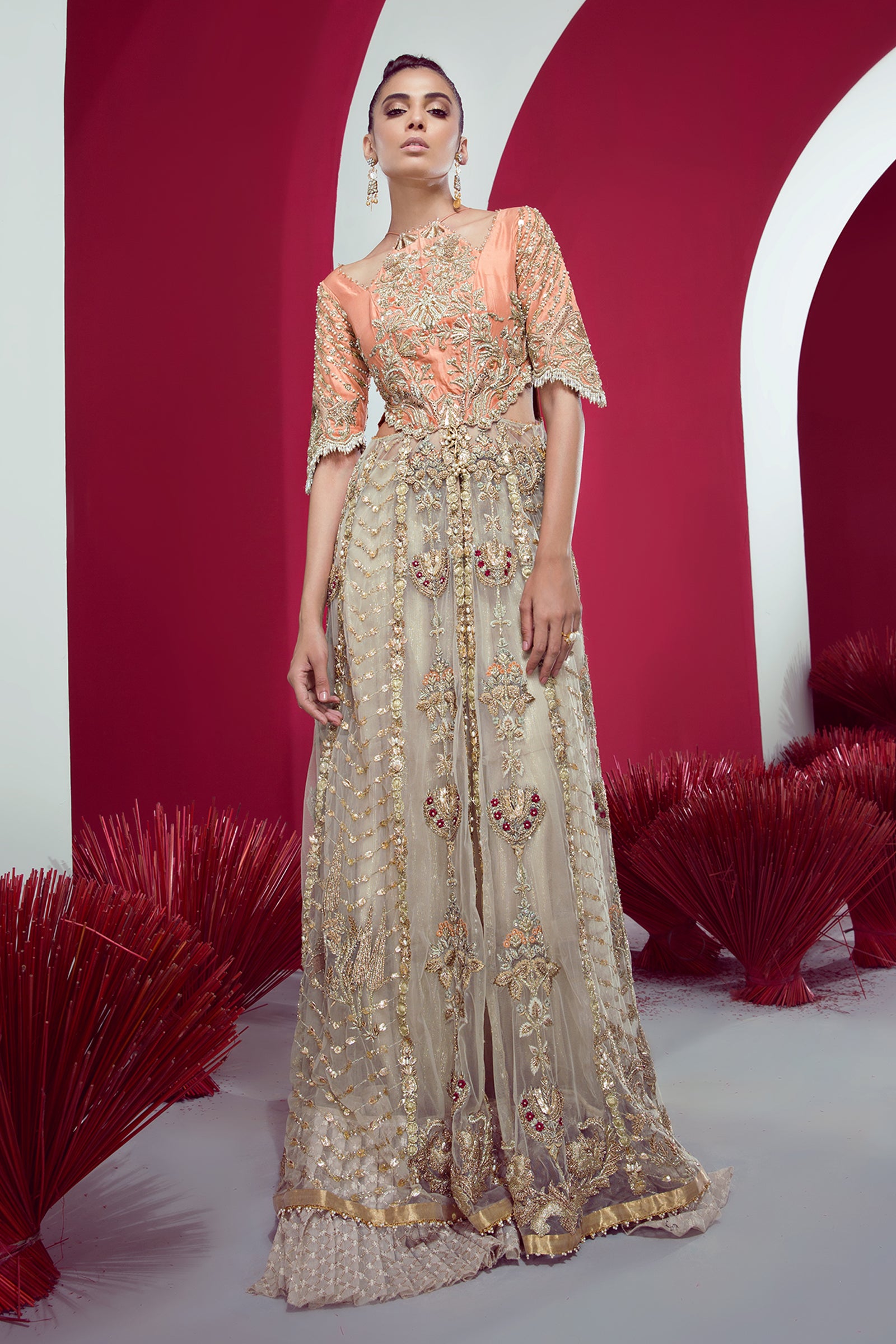 Peach Embroidered Raw Silk Pishwas Dress (2-Piece) - Image 3