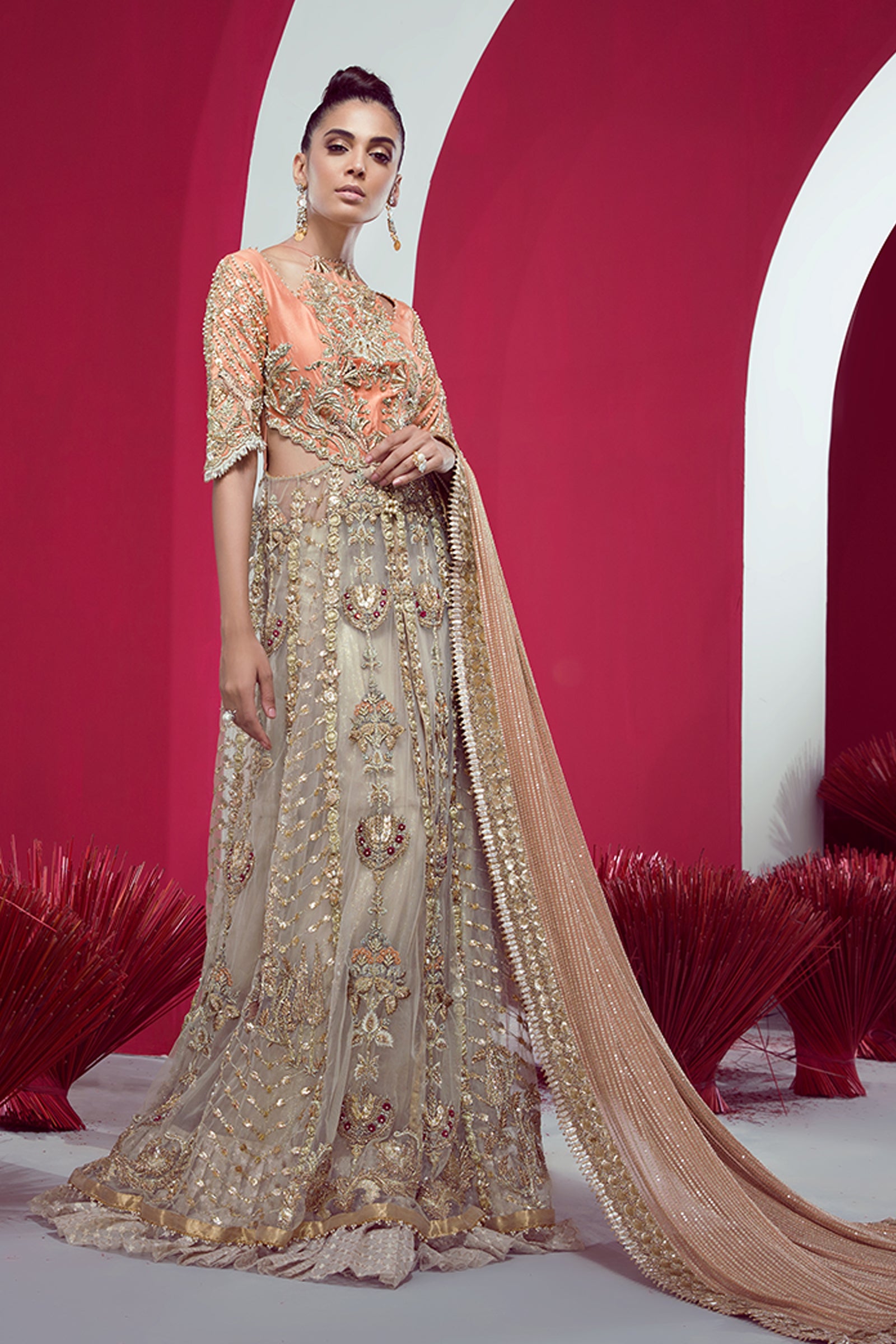 Peach Embroidered Raw Silk Pishwas Dress (2-Piece) - Image 5