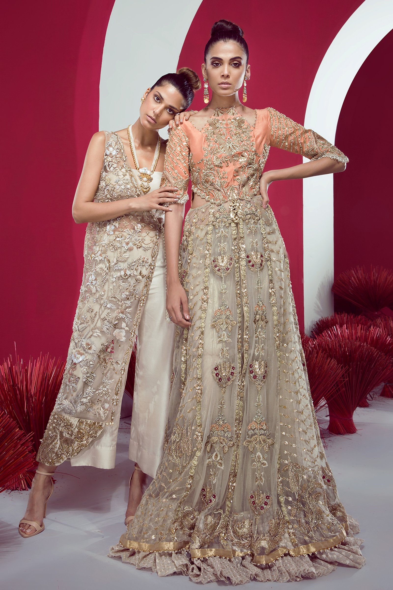 Peach Embroidered Raw Silk Pishwas Dress (2-Piece) - Image 6