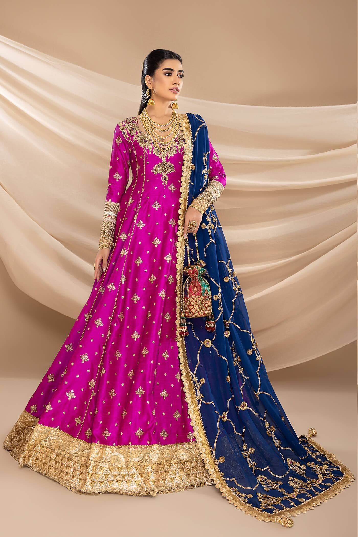 Pakistani Magenta Gota Embroidered Raw Silk Pishwas (2-Piece) - Image 1