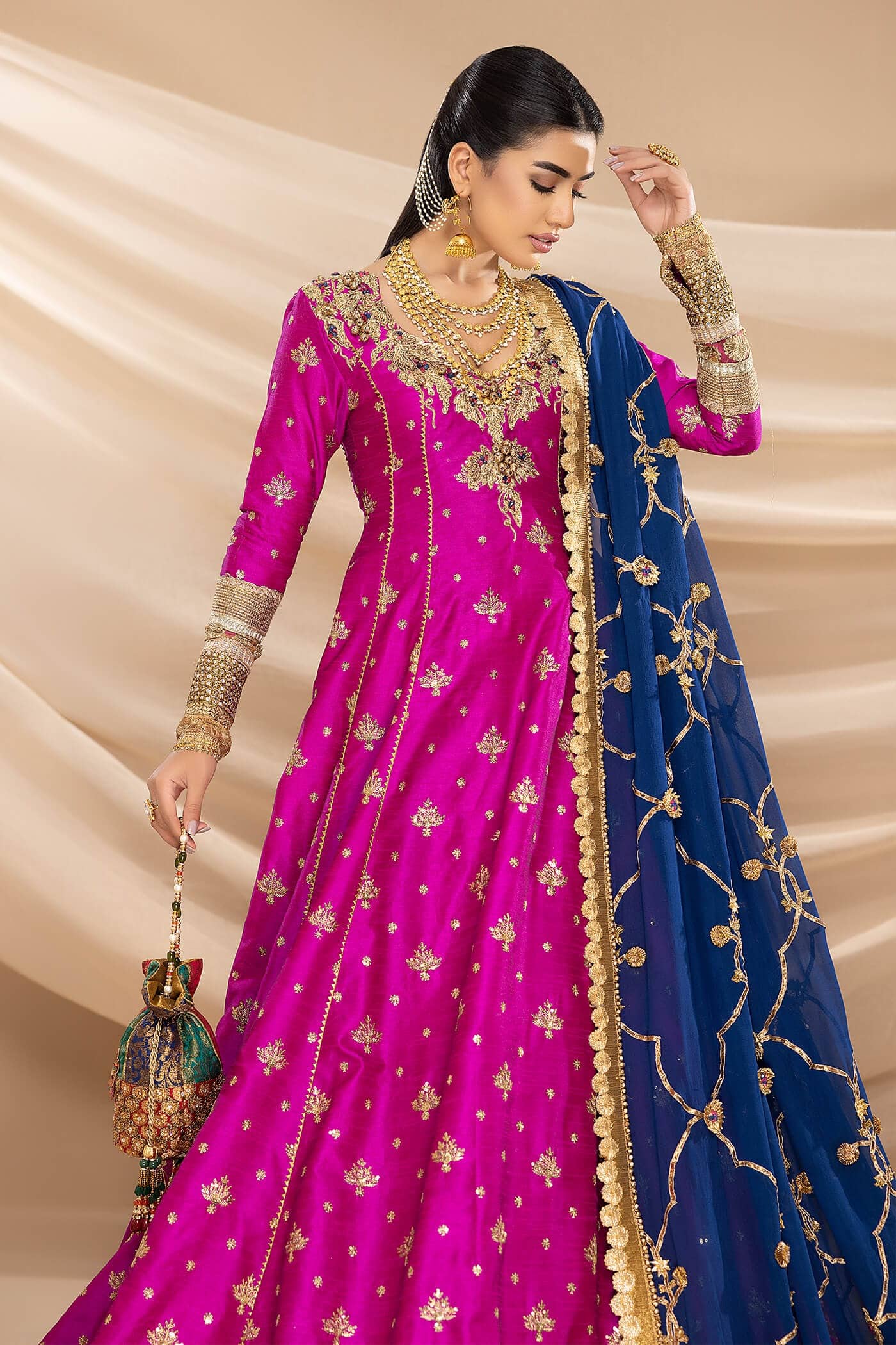 Pakistani Magenta Gota Embroidered Raw Silk Pishwas (2-Piece) - Image 4