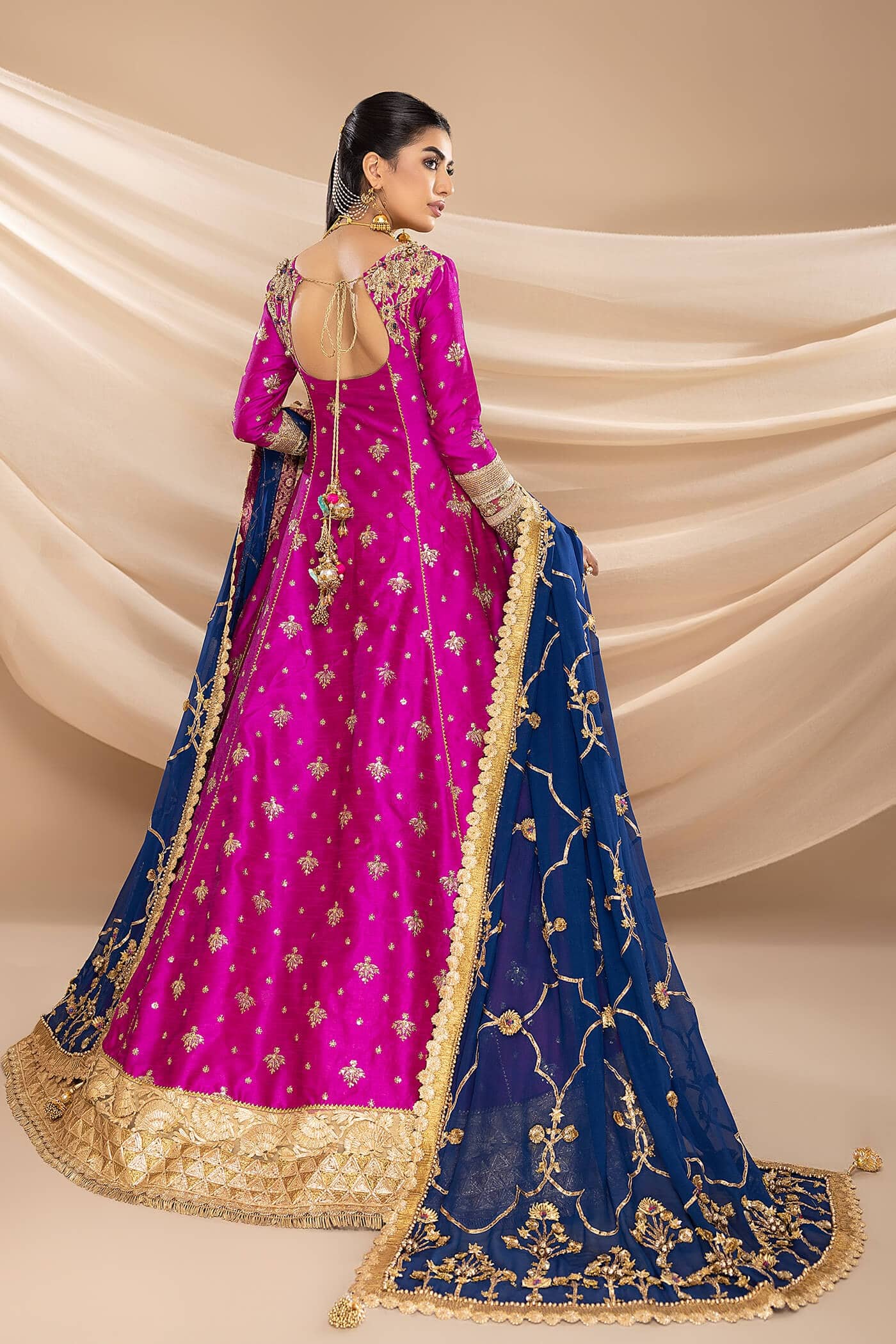 Pakistani Magenta Gota Embroidered Raw Silk Pishwas (2-Piece) - Image 5