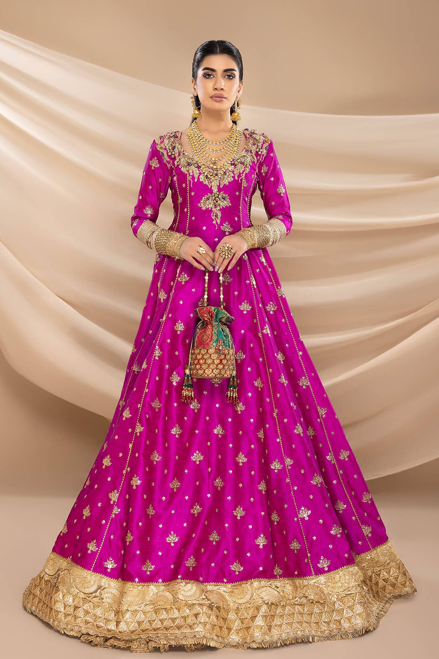 Pakistani Magenta Gota Embroidered Raw Silk Pishwas (2-Piece) - Image 6