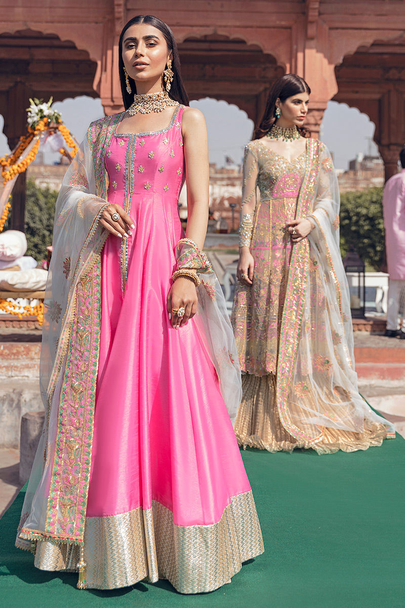 Pakistani Hot Pink Hand-Embellished Raw Silk Pishwas (2-Piece) - Image 1