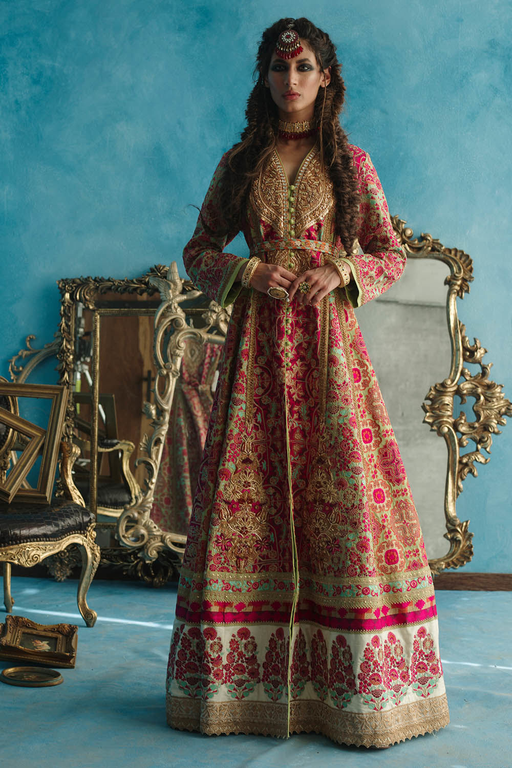 Pink & Green Zardozi Pure Raw Silk Pishwas (1-Pc) - Image 1