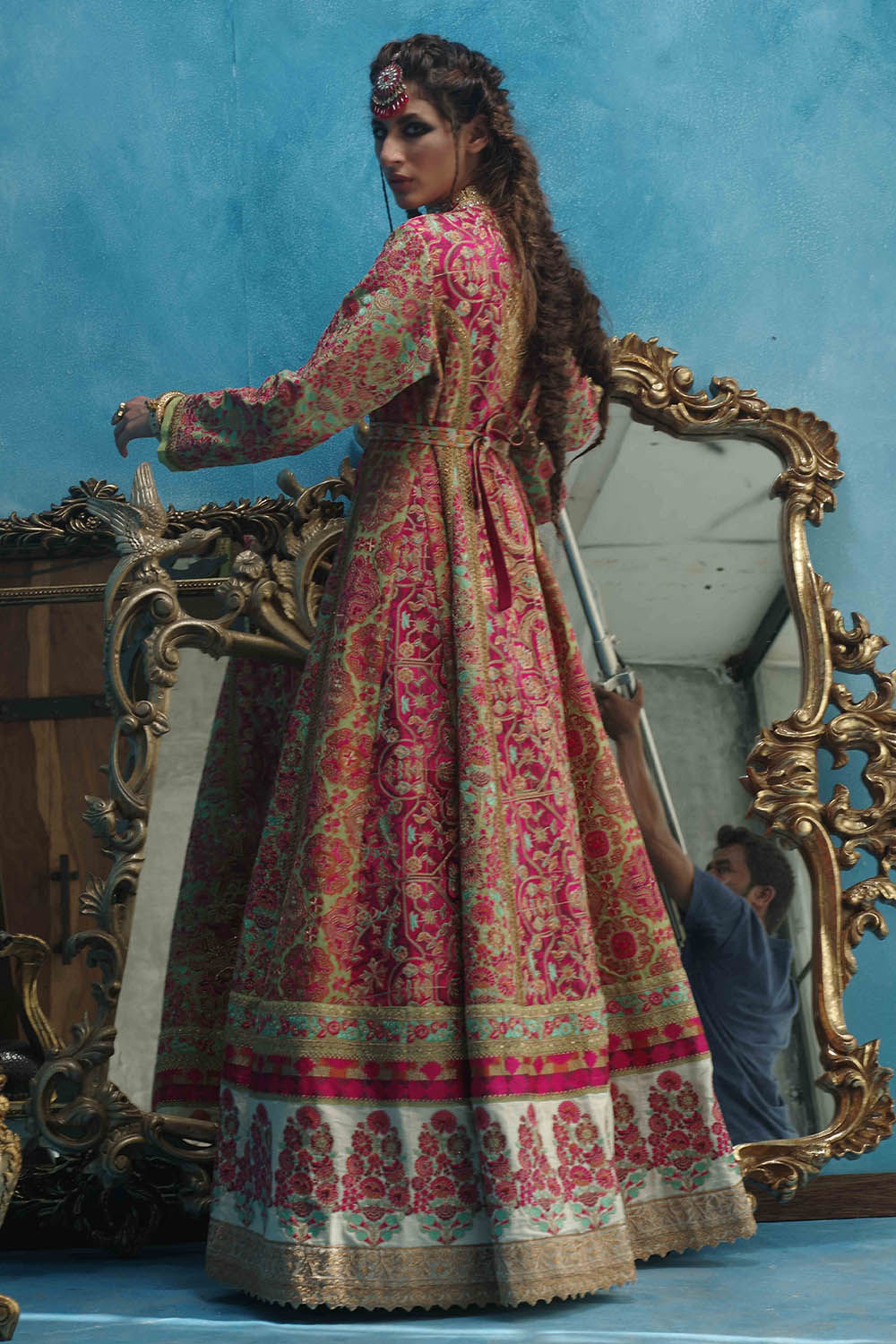 Pink & Green Zardozi Pure Raw Silk Pishwas (1-Pc) - Image 6