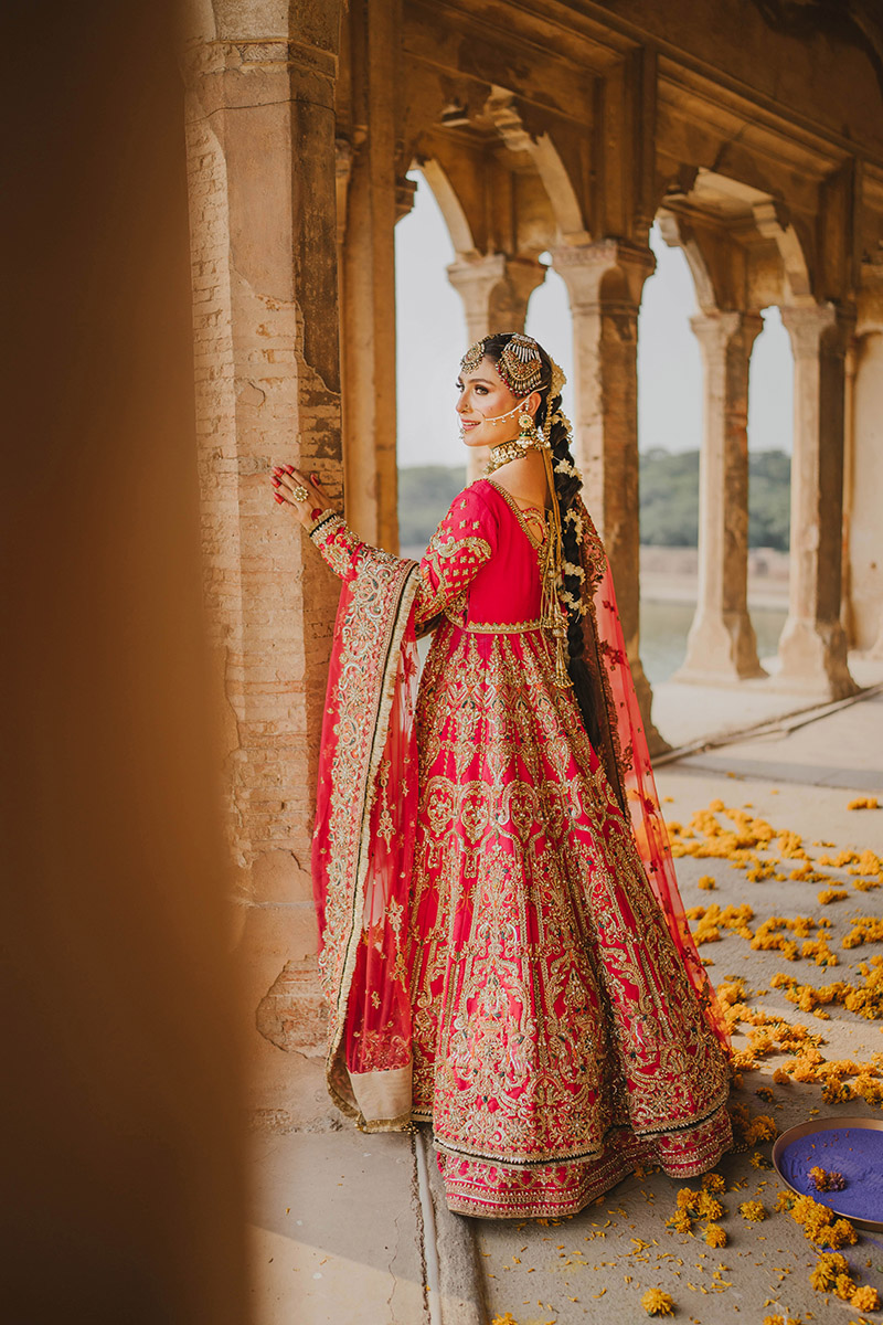 Shocking Pink Embroidered Raw Silk Pishwas (3-Piece) - Image 4