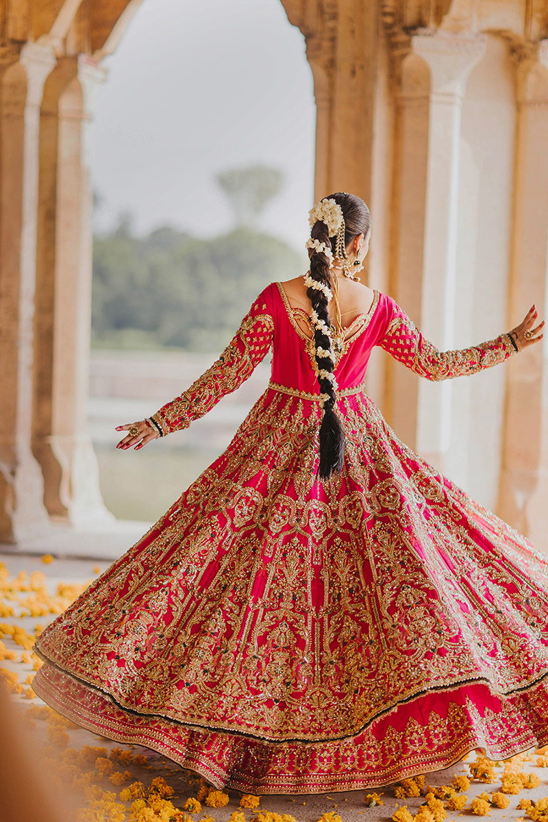 Shocking Pink Embroidered Raw Silk Pishwas (3-Piece) - Image 5