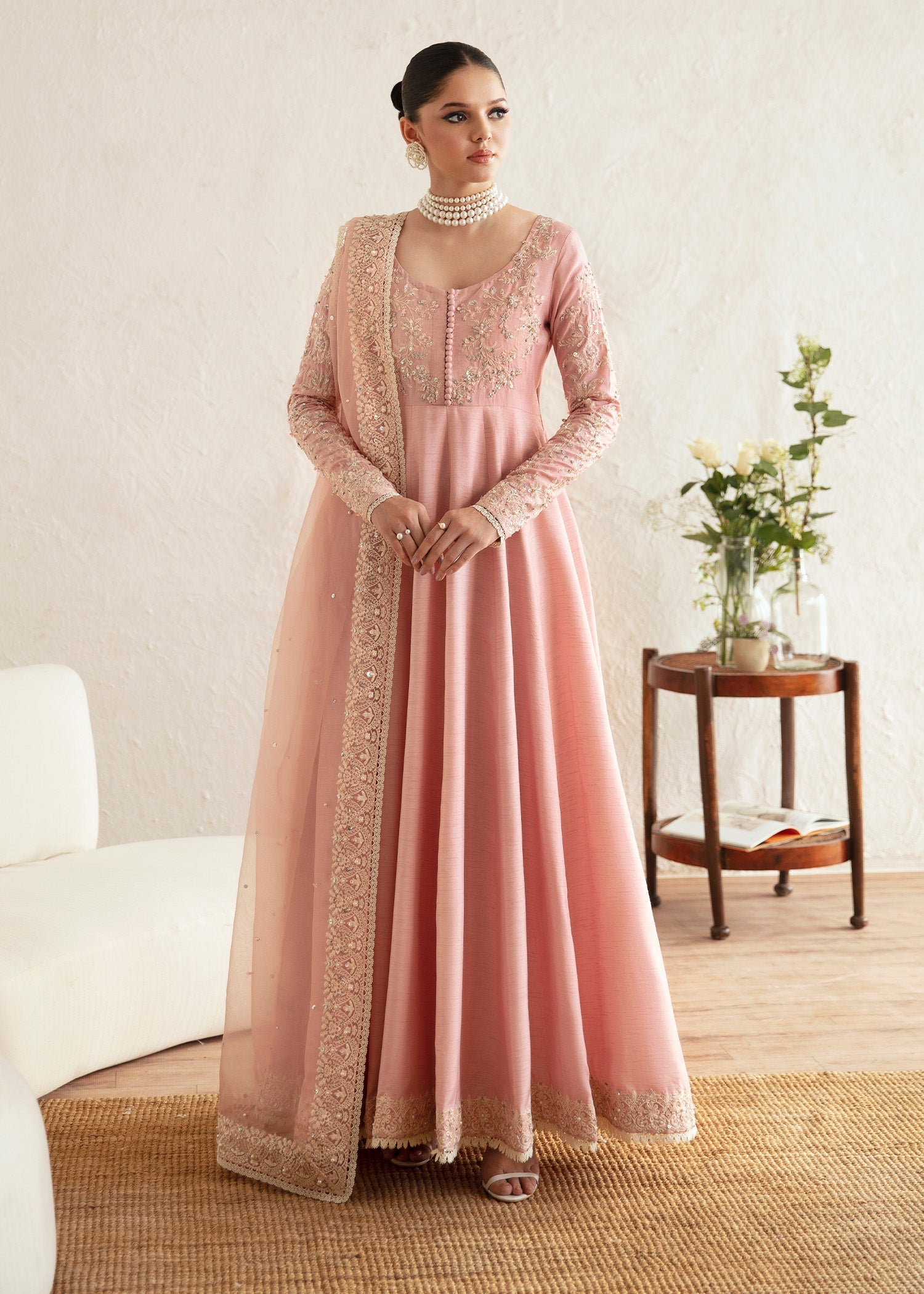 Pakistani Blush Pink Embroidered Korean Raw Silk Pishwas (3-Piece) - Image 1