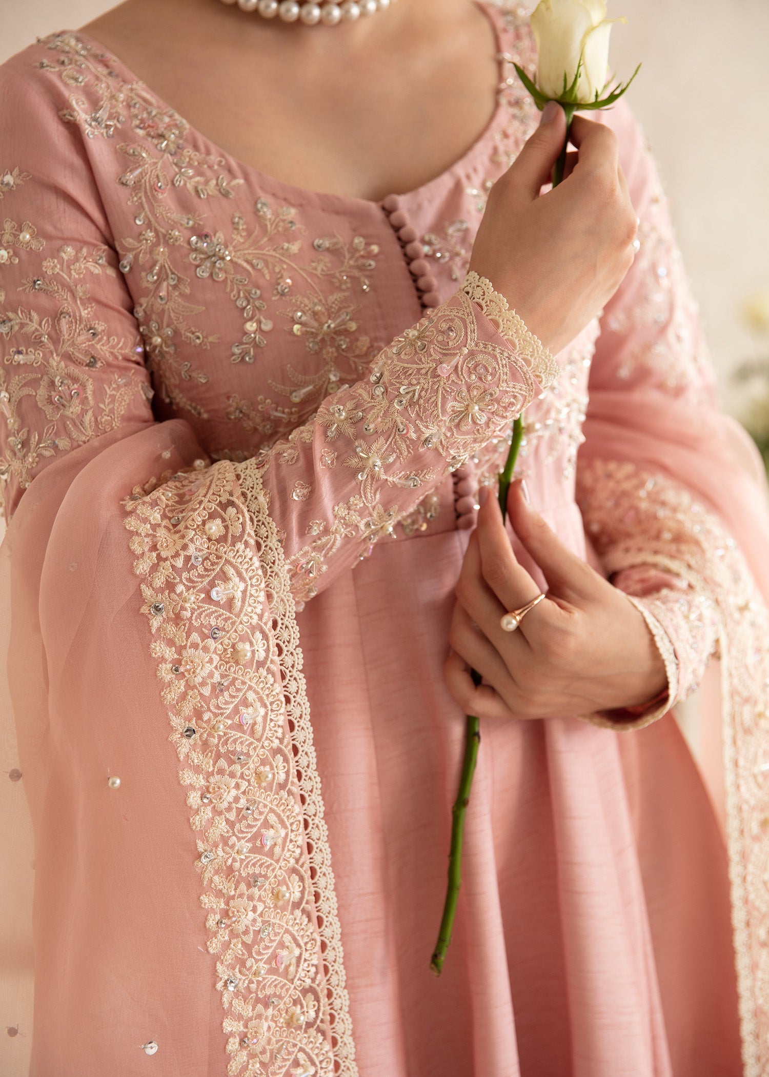 Pakistani Blush Pink Embroidered Korean Raw Silk Pishwas (3-Piece) - Image 3
