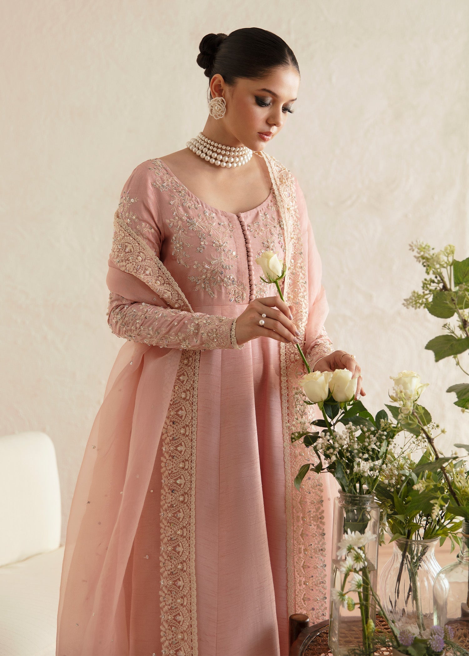Pakistani Blush Pink Embroidered Korean Raw Silk Pishwas (3-Piece) - Image 4