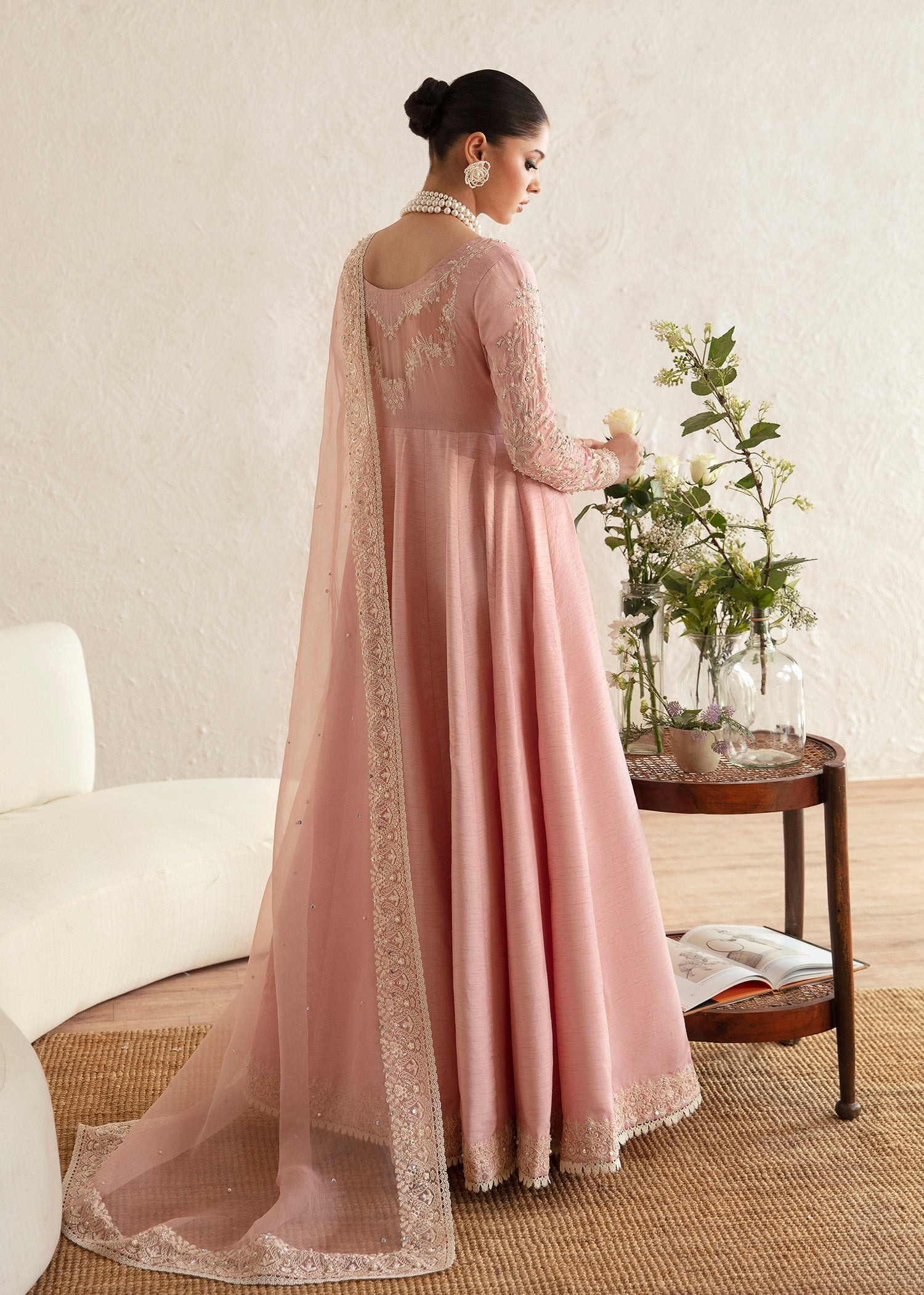 Pakistani Blush Pink Embroidered Korean Raw Silk Pishwas (3-Piece) - Image 5