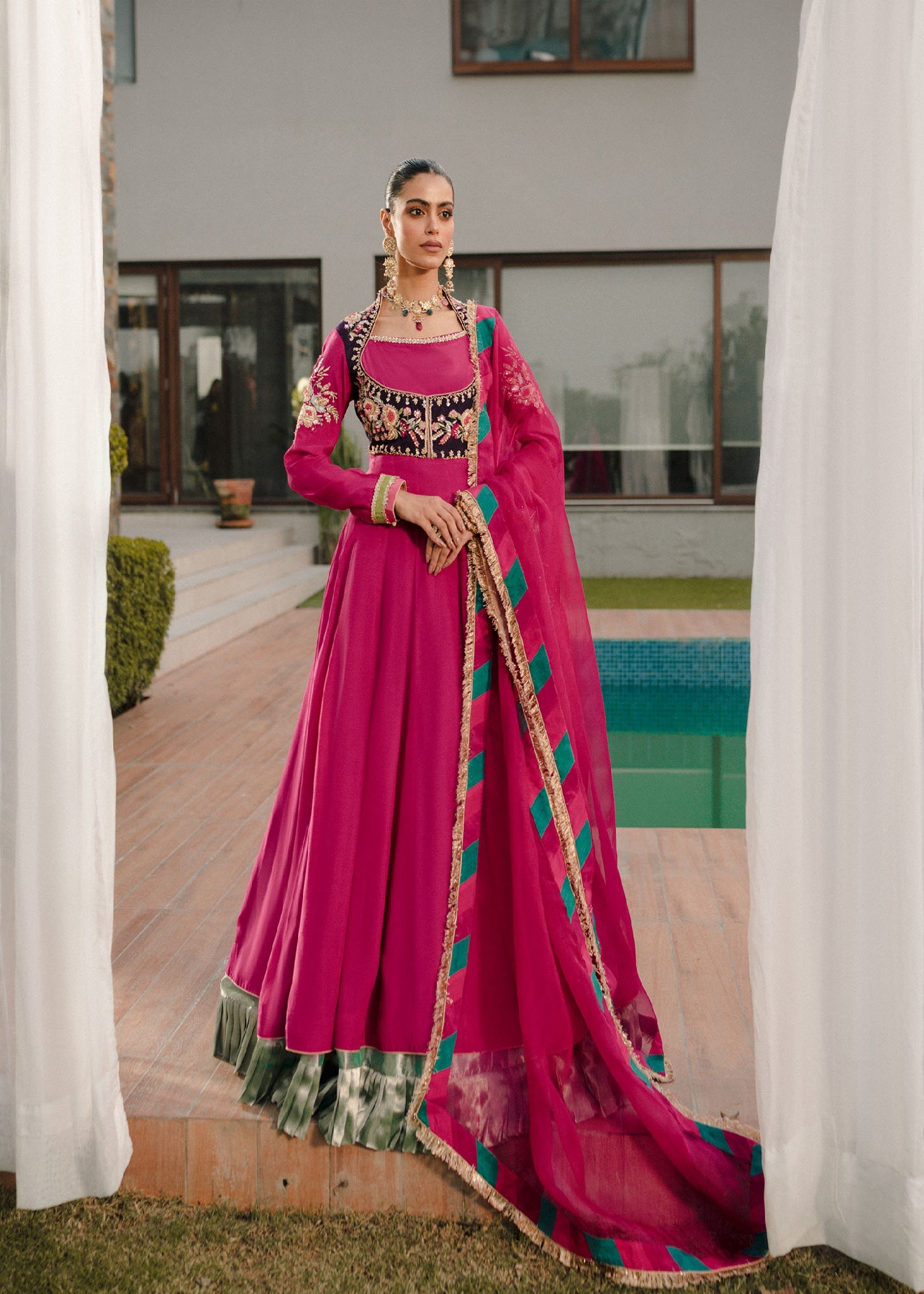 Pakistani Fuchsia Embroidered Raw Silk Pishwas (2-Piece) - Image 1