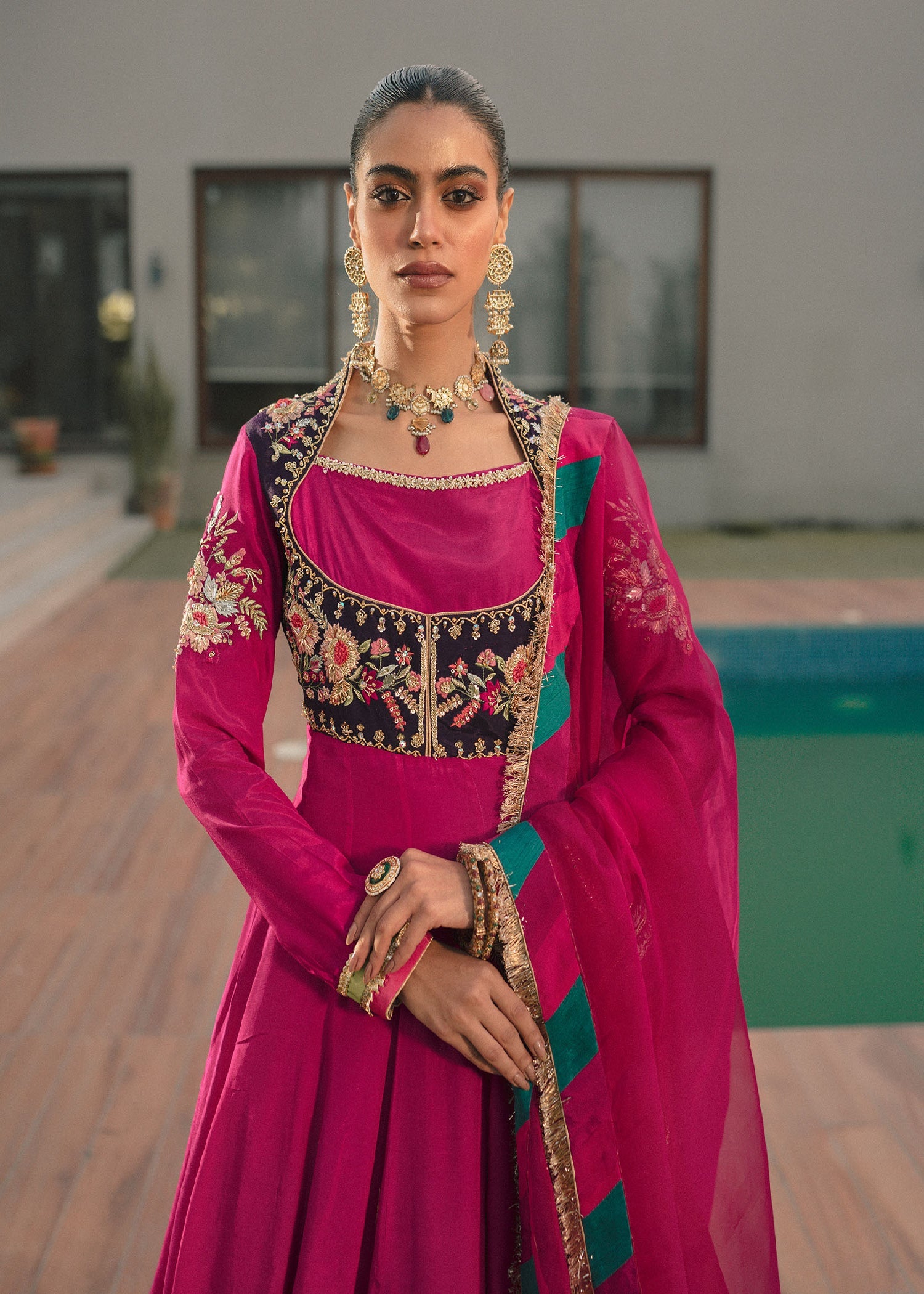 Pakistani Fuchsia Embroidered Raw Silk Pishwas (2-Piece) - Image 2