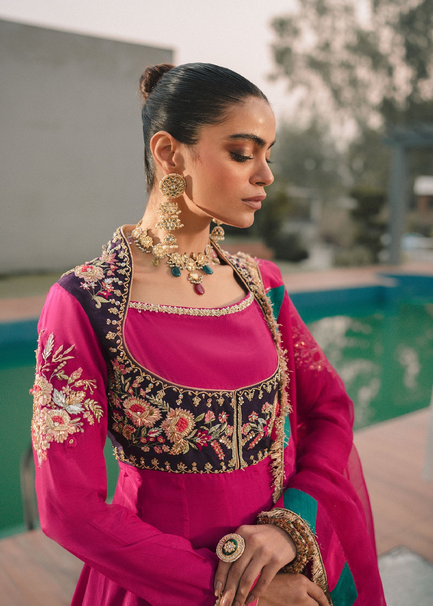 Pakistani Fuchsia Embroidered Raw Silk Pishwas (2-Piece) - Image 3