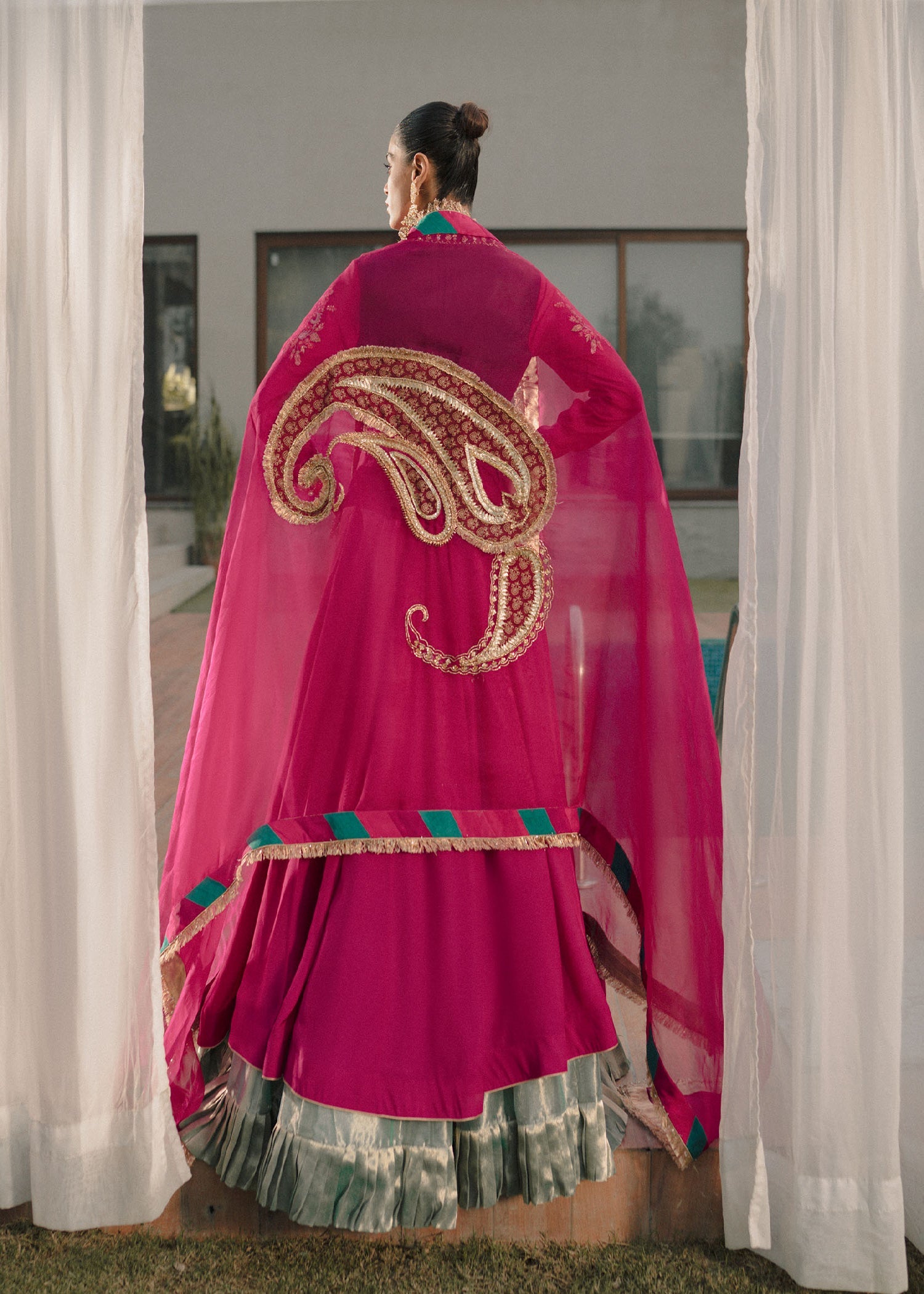 Pakistani Fuchsia Embroidered Raw Silk Pishwas (2-Piece) - Image 4