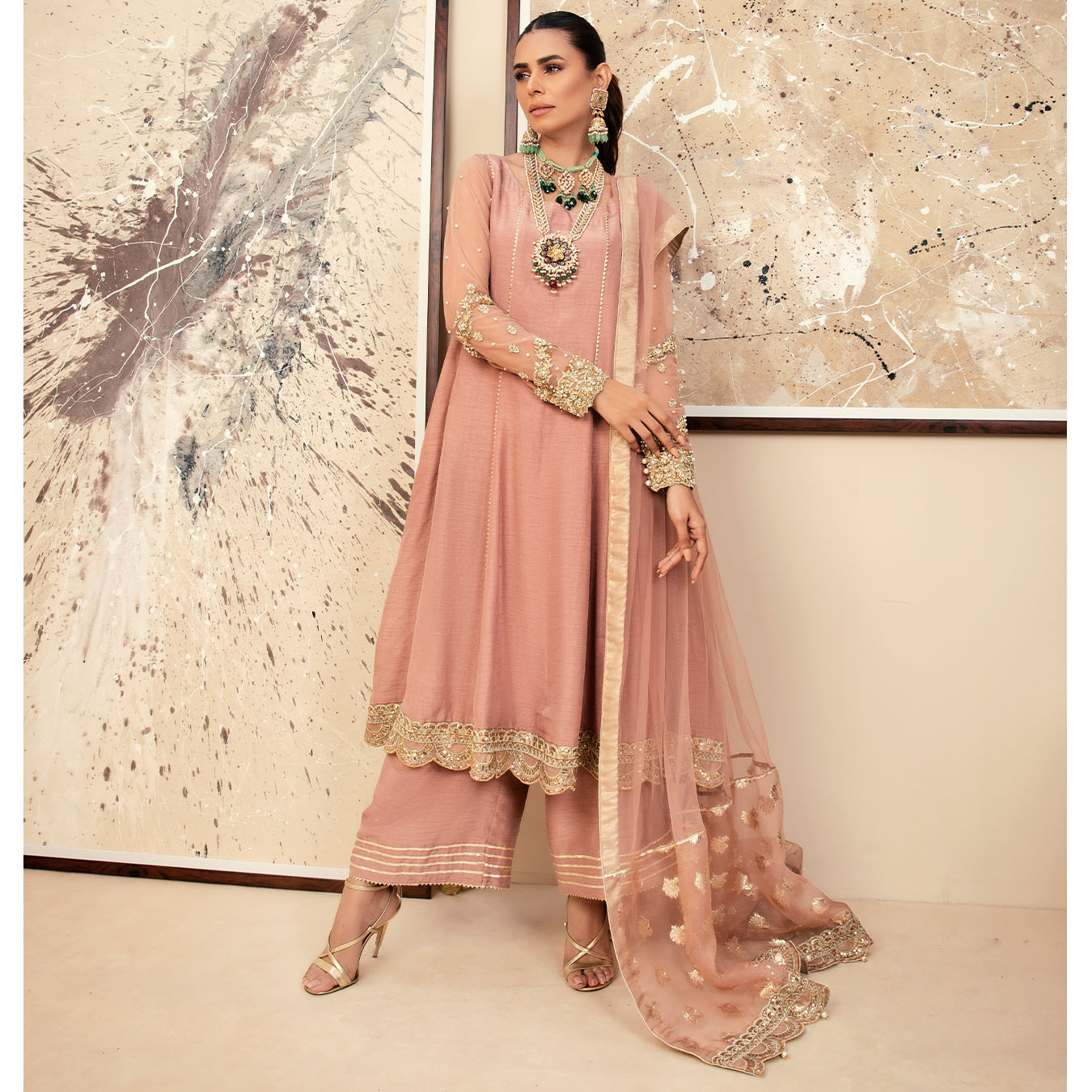 Warm Blush Pink Embellished Silk Pishwas (3-Piece) - Image 2