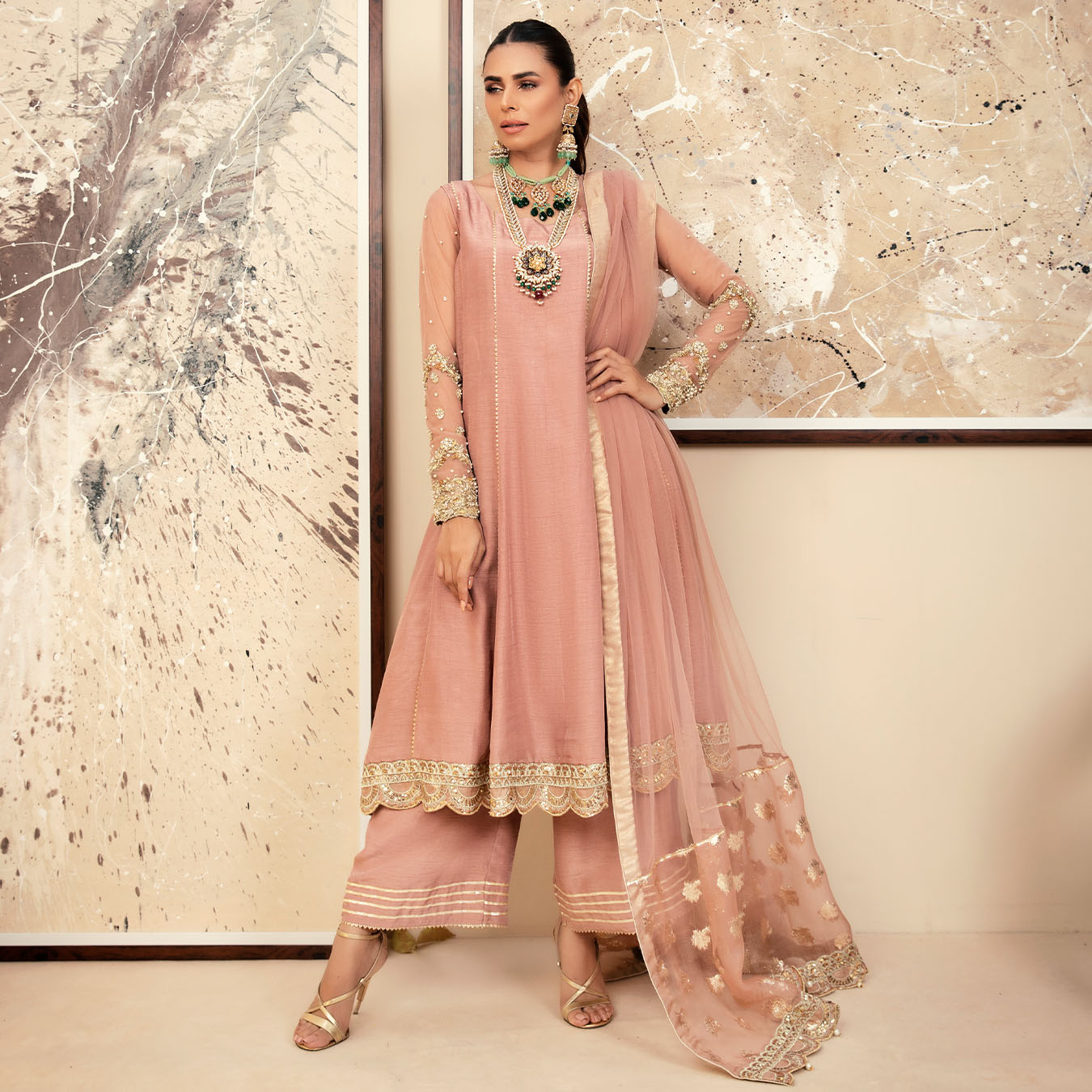 Warm Blush Pink Embellished Silk Pishwas (3-Piece) - Image 3