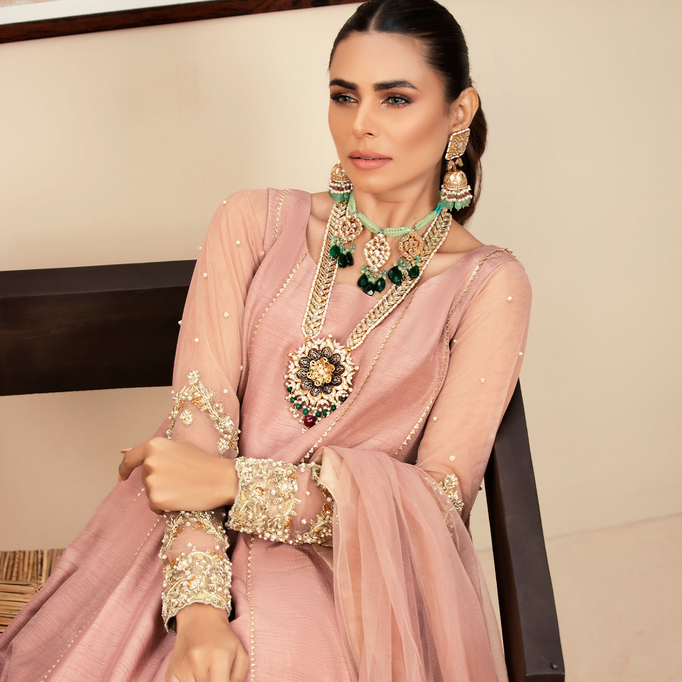 Warm Blush Pink Embellished Silk Pishwas (3-Piece) - Image 4