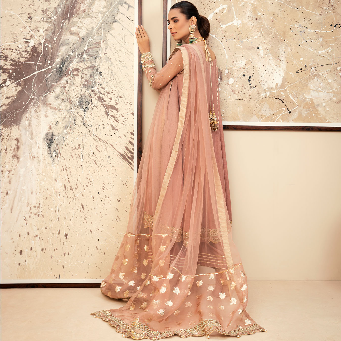 Warm Blush Pink Embellished Silk Pishwas (3-Piece) - Image 5
