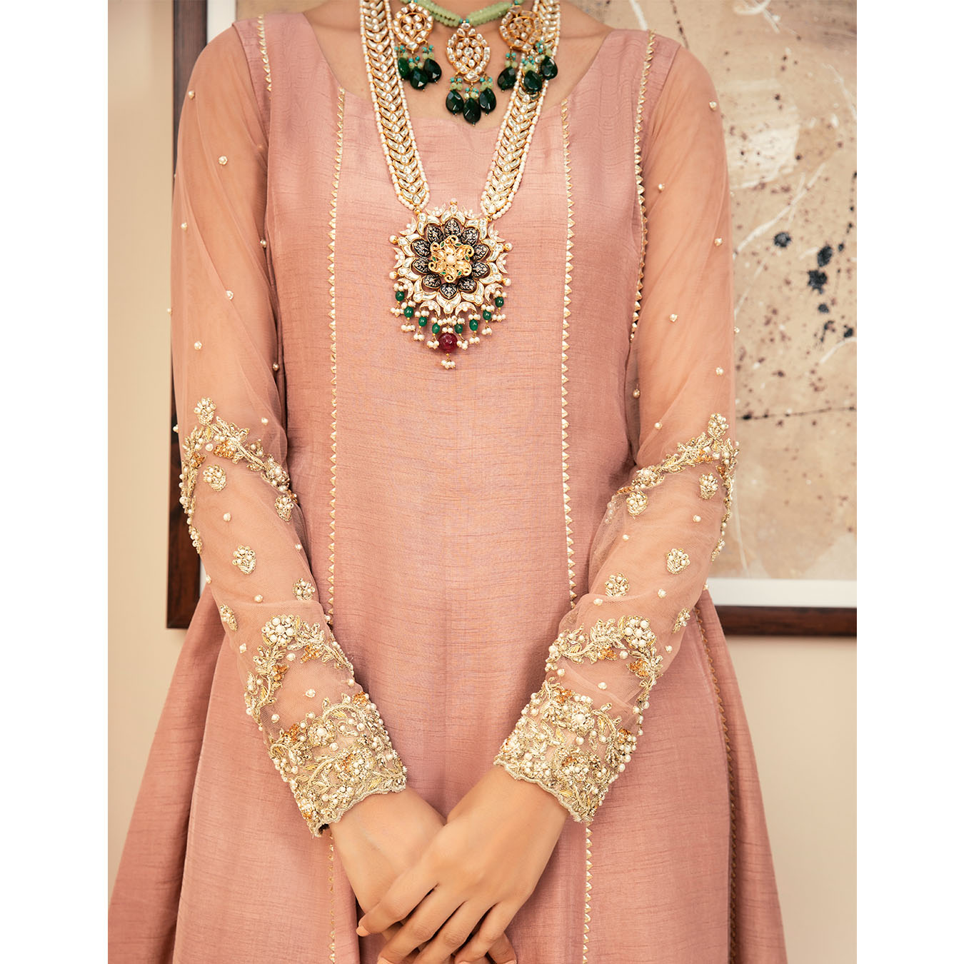 Warm Blush Pink Embellished Silk Pishwas (3-Piece) - Image 6