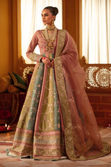 Pakistani Tea Pink Olive Dusty Ferozi Embroidered Raw Silk Pishwas (2-Piece) - Image 4