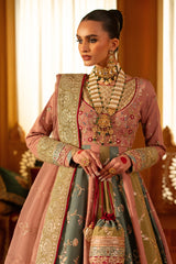 Pakistani Tea Pink Olive Dusty Ferozi Embroidered Raw Silk Pishwas (2-Piece) - Image 6