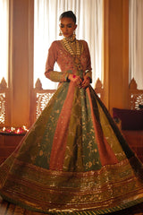 Pakistani Tea Pink Olive Dusty Ferozi Embroidered Raw Silk Pishwas (2-Piece) - Image 7